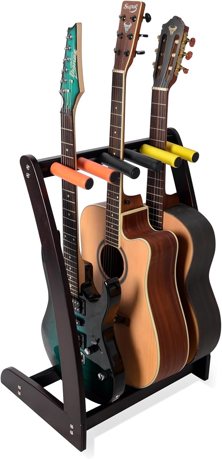 Miwayer Guitar Stand for Multiple Guitars(3 Guitar, 5 Electric or Bass), Guitar Stands Wooden for Acoustic, Electric, Bass Guitars and Cases, Floor Bamboo Guitar Rack Display (Ebony Color(5 holder))