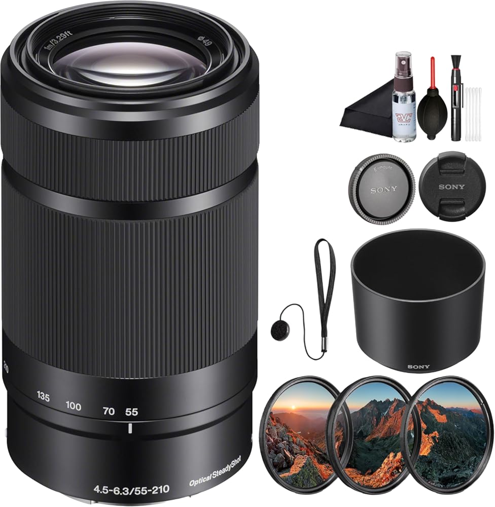 Sony E 55-210 mm F4.5–6.3 OSS Telephoto Zoom Lens (SEL-55210) – Lightweight APS-C w/Optical Stabilization + 3 Piece Filter Kit + Lens Cap Keeper + Cleaning Kit