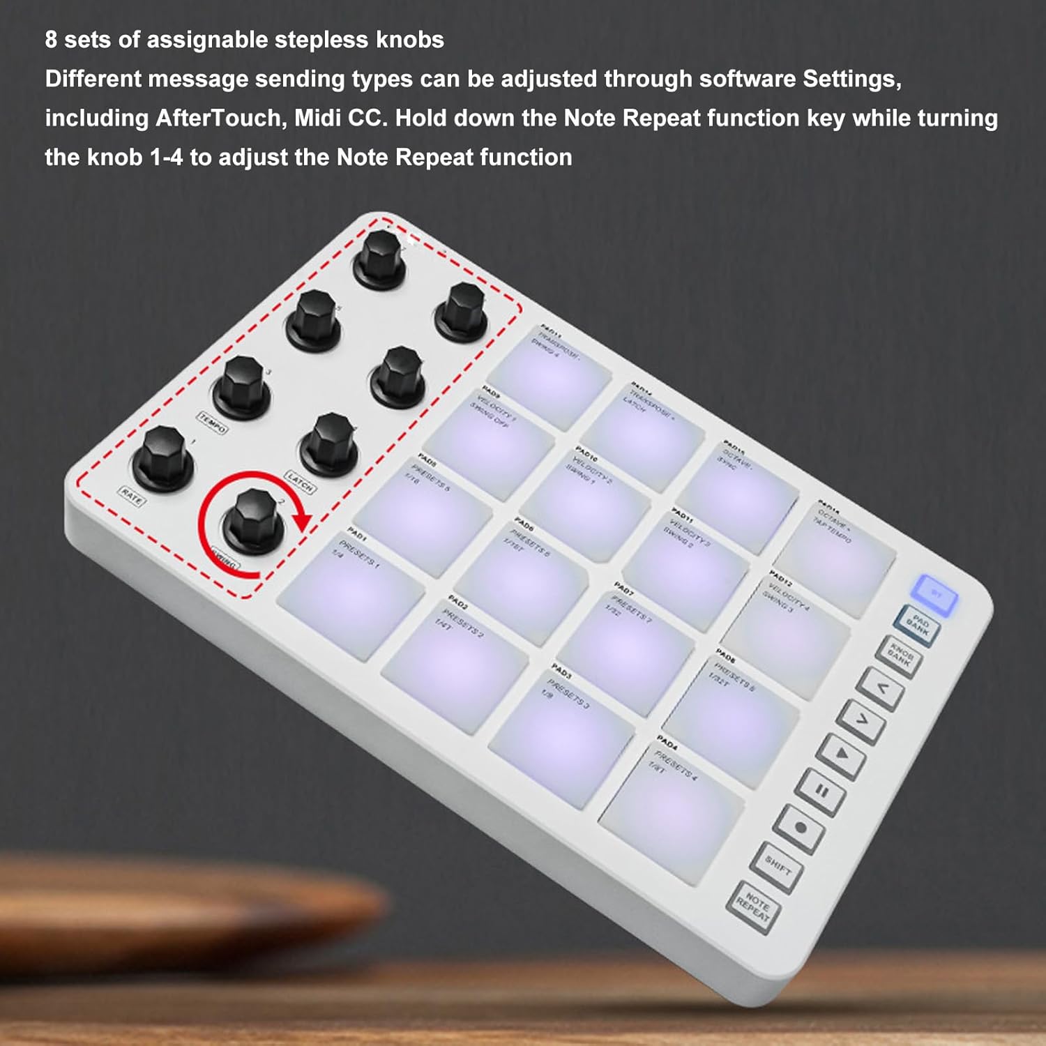 Portable MIDI Drum Pad Controller - Beat Maker Machine with 16 RGB Backlit Pads, Bluetooth USB, 8 Assignable Knobs for Music Production