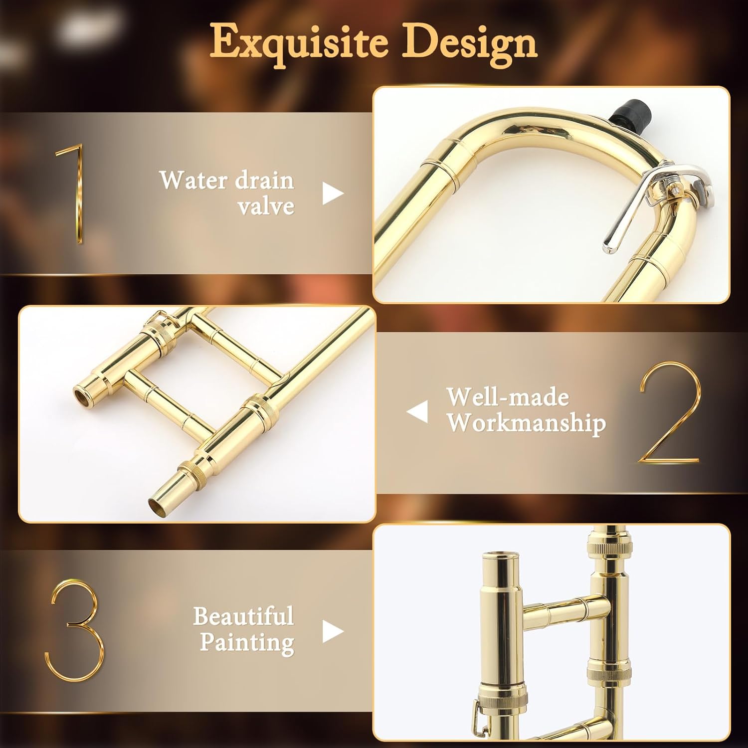 Ktaxon B Flat Tenor Trombone with Mouthpiece, Brass Slide Bb Trombones for Beginners, Portable Instrument Includes Cleaning Cloth, Gloves and Trombone Case (Golden)