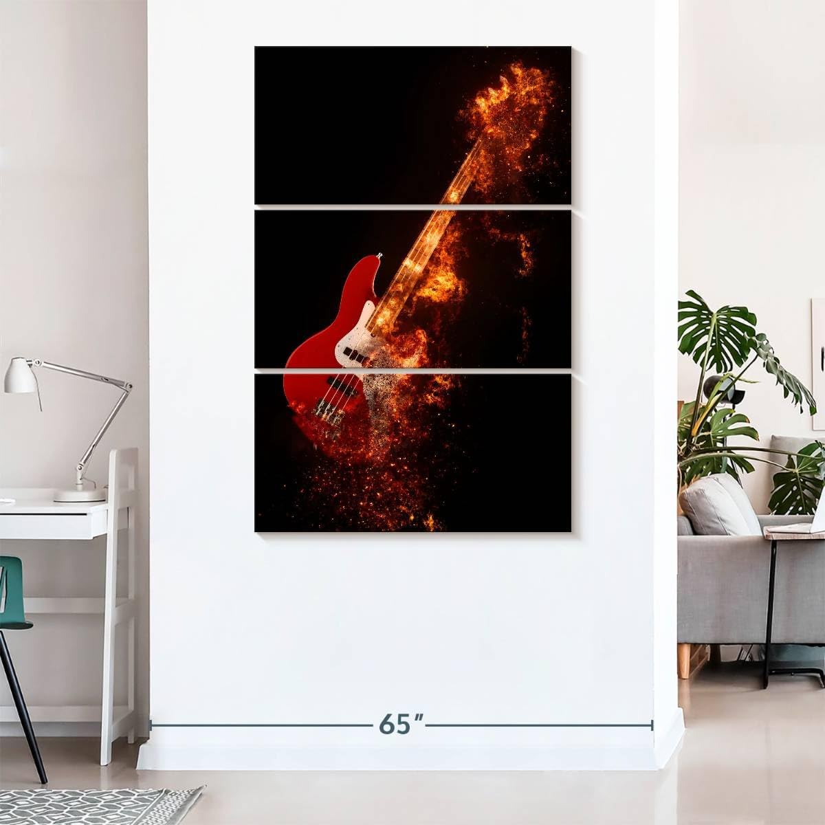 ElephantStock - Flaming Bass Guitar Wall Art - Vertical Multi Panel Canvas - 3 Piece Living Room Wall Decor - Digital Art Music Multi Piece Wall Art - Black And Orange Decor - 48
