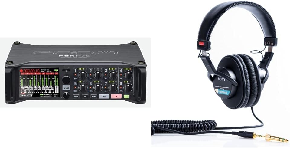 Zoom F8n Pro Professional Field Recorder/Mixer, Audio for Video, 32-bit/192 kHz Recording, 10 Channel Recorder, 8 XLR/TRS Inputs, Timecode, Ambisonics Mode, Battery Powered, Dual SD Card Slots and Sony MDR7506 Professional Large Diaphragm Headphone B