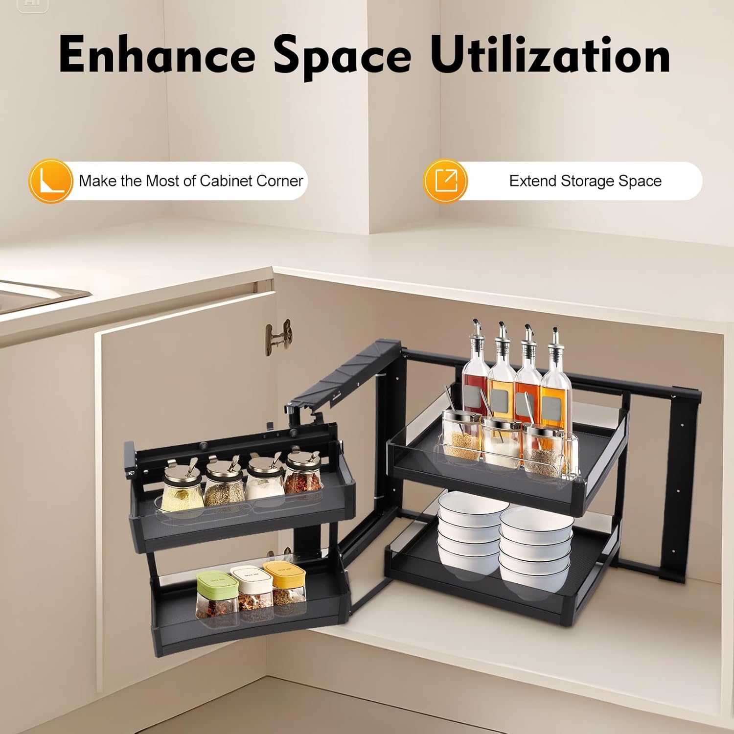 Blind Cabinet, Wall-Mounted Type Blind, Pull Out Organizer, 2-Tier with 4-Shelf, Height Adjustable, for Kitchen, Corner Cabinet Storage