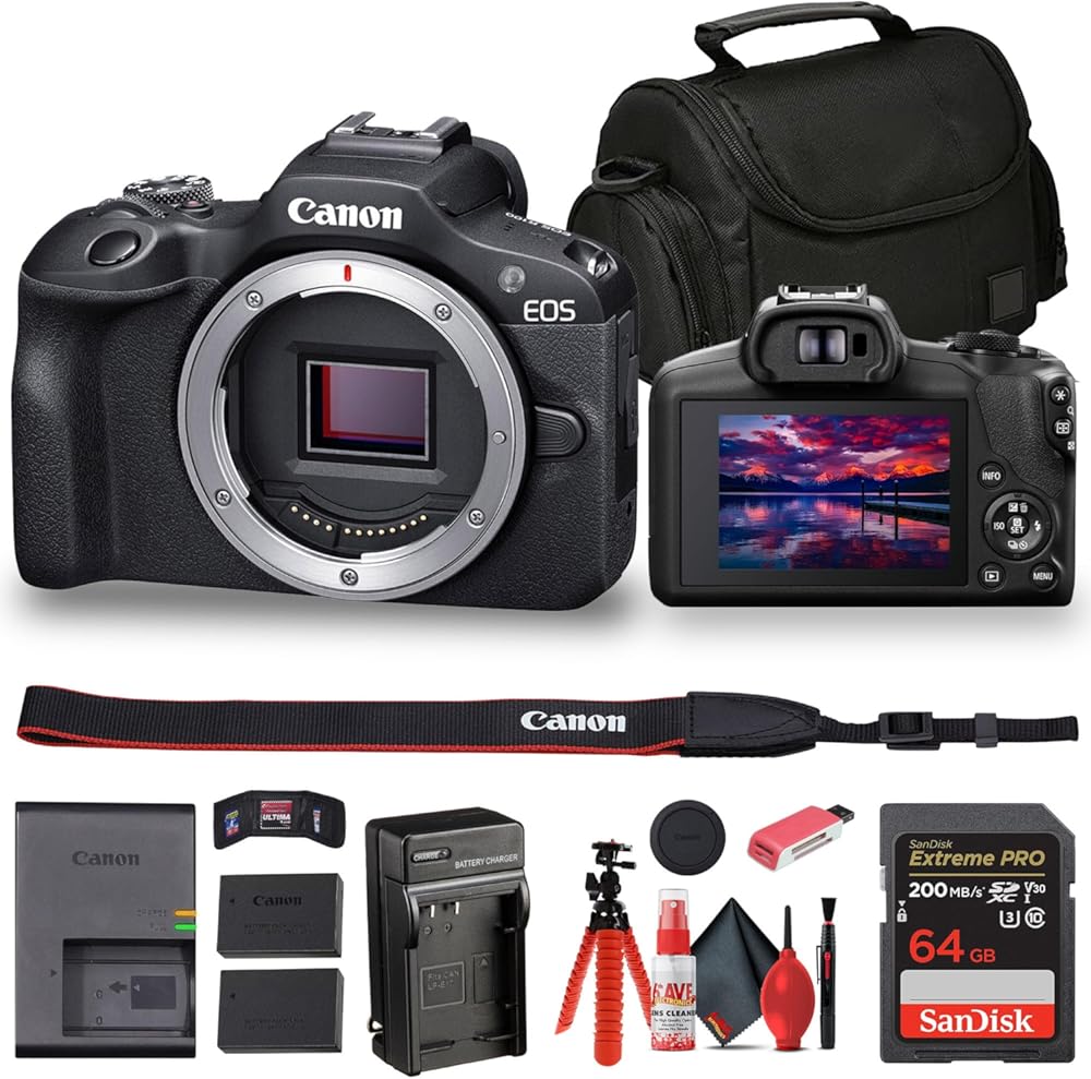 Canon EOS R100 Mirrorless Camera (6052C002) + Bag + 64GB Card + LPE17 Battery + Charger + Card Reader + Flex Tripod + Cleaning Kit + Memory Wallet (Renewed)