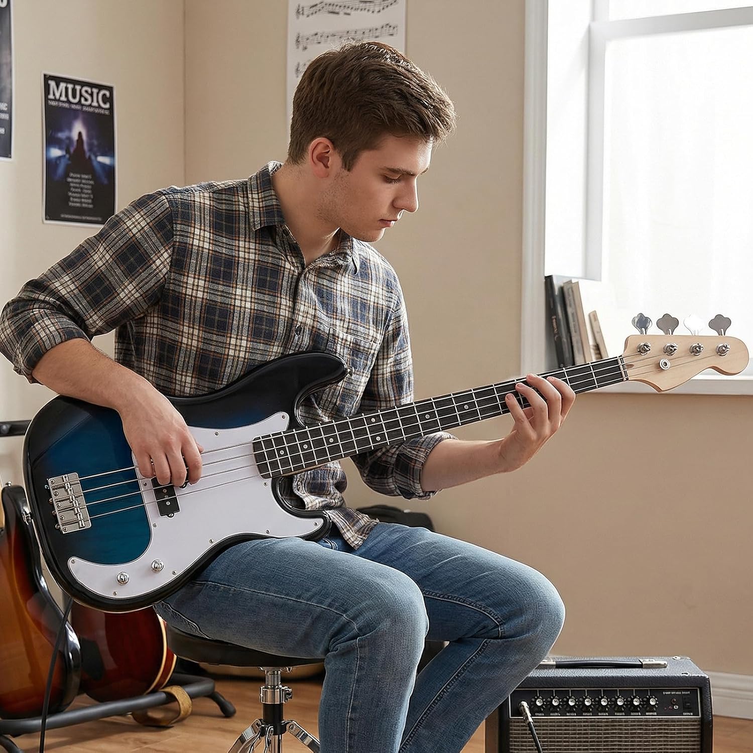 Costzon Electric Bass Guitar, 46” 4 String Full Size Beginner Bass Guitar Kit with 2 Pickups, Open-gear Tuning, Gig Bag, Cable, Strap, Rope & 3 Picks, Right-handed Bass Guitar for Starter (Blue)