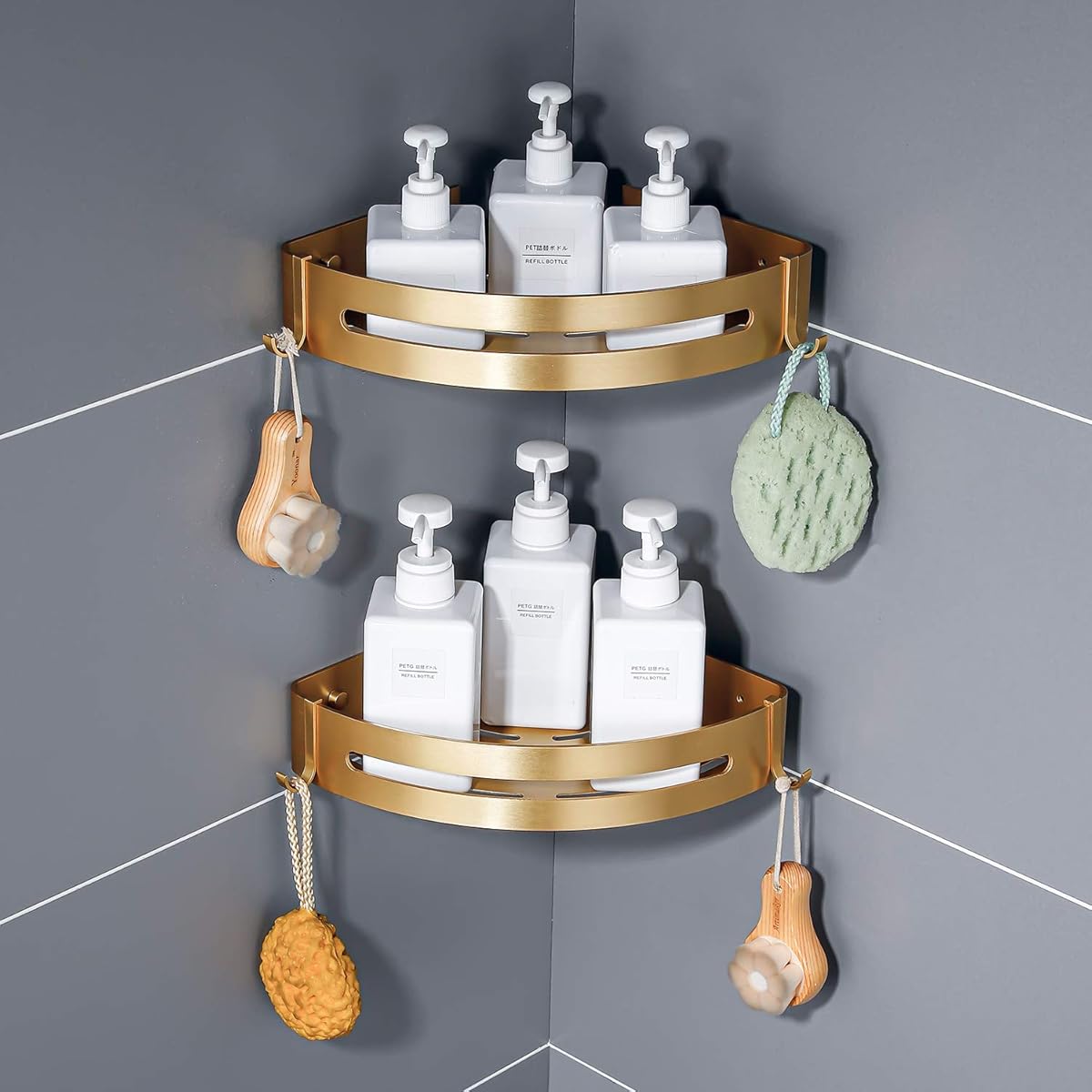 Brushed Gold Bathroom Corner Shelves Wall Mount Shower Caddy with Hooks and Shampoo Holder 2 Pack Drilling or Adhesive Installation