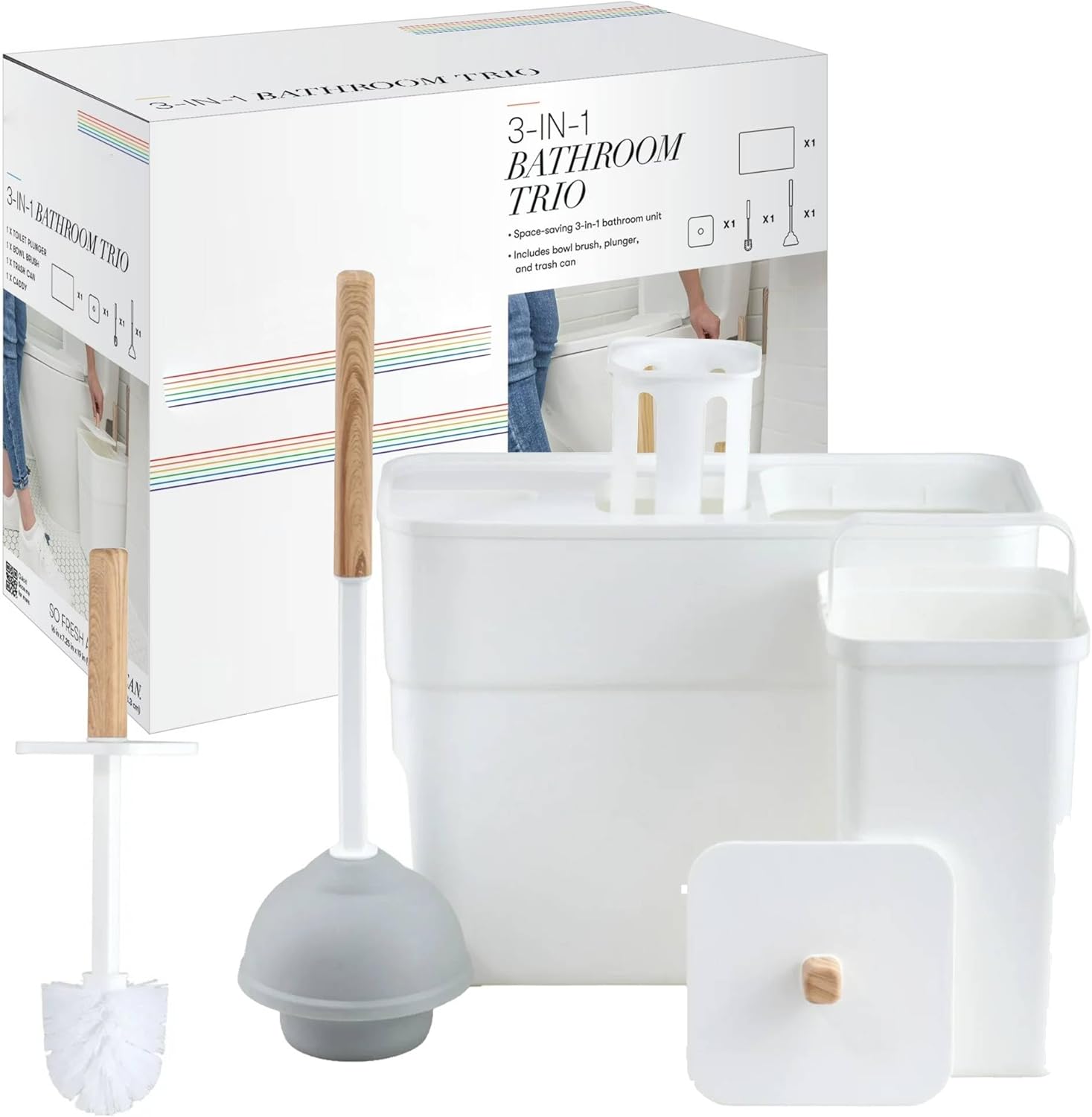 3 in 1 Bathroom Storage Solution, Toilet Brush Plunger Trash Can Set with Caddy, White