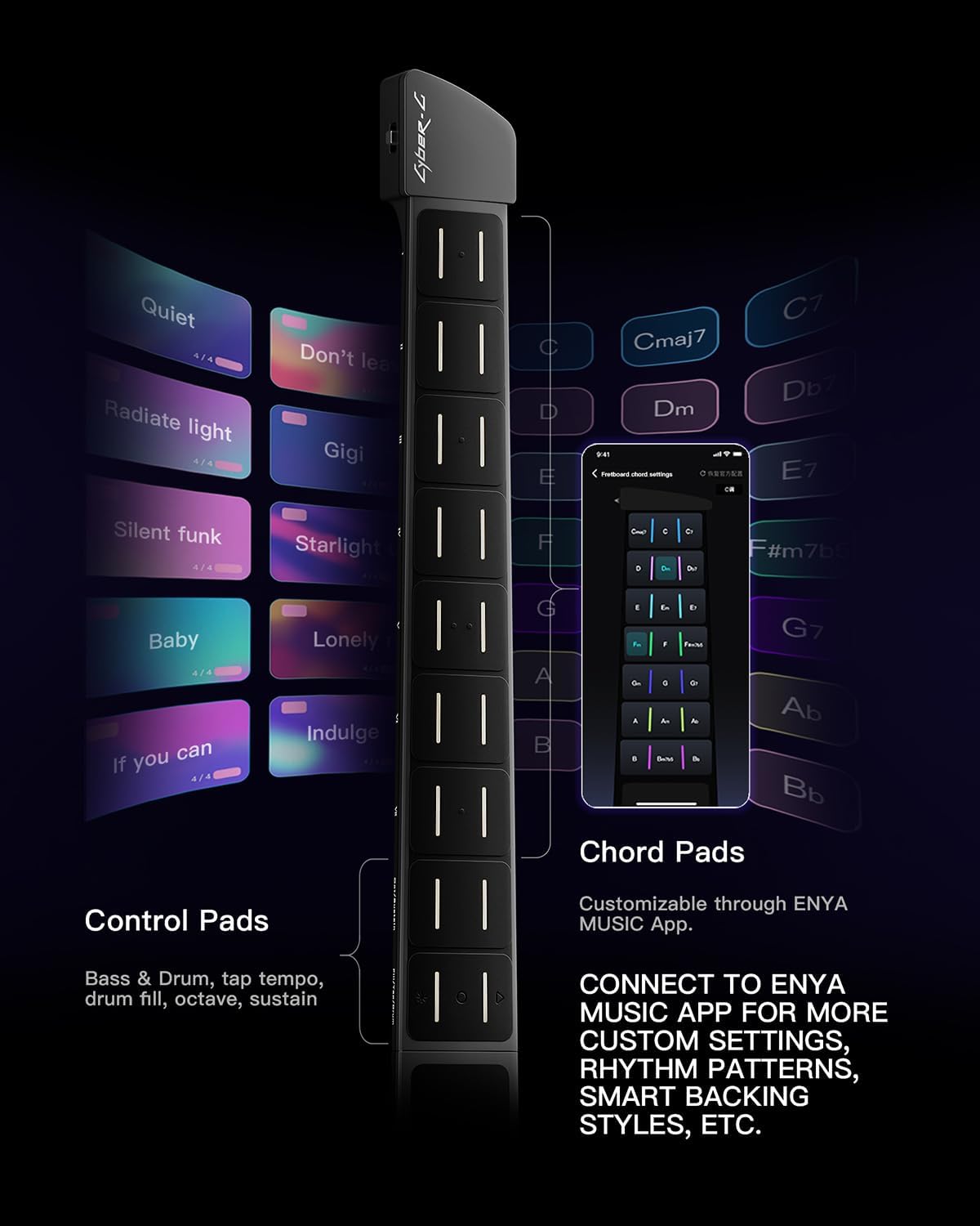 Enya CYBER-G Stringless Smart Guitar, Foldable Travel Backing Guitarra, Built-in Drum Machine & Bassline, 20 instrument Sounds for One-Man Band, App Interactive Chord Sheets For Adults & Teens(Black)