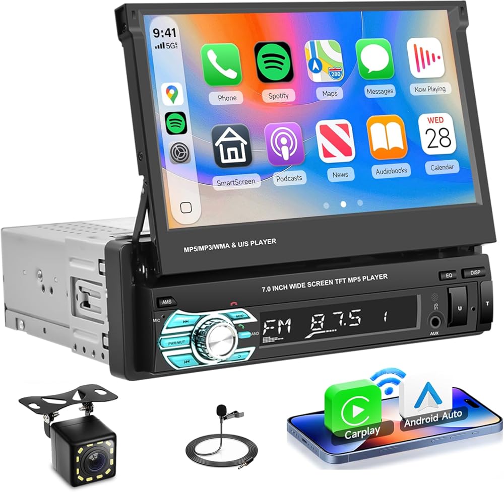 Single Din Wireless Carplay Car Stereo with Bluetooth, Rimoody 7 Inch flip Out Touch Screen Car Radio MP5 Player Support Android Auto, Mirror Link, USB Type-C, TF, EQ, AM FM, Aux-in, SWC Backup Camera