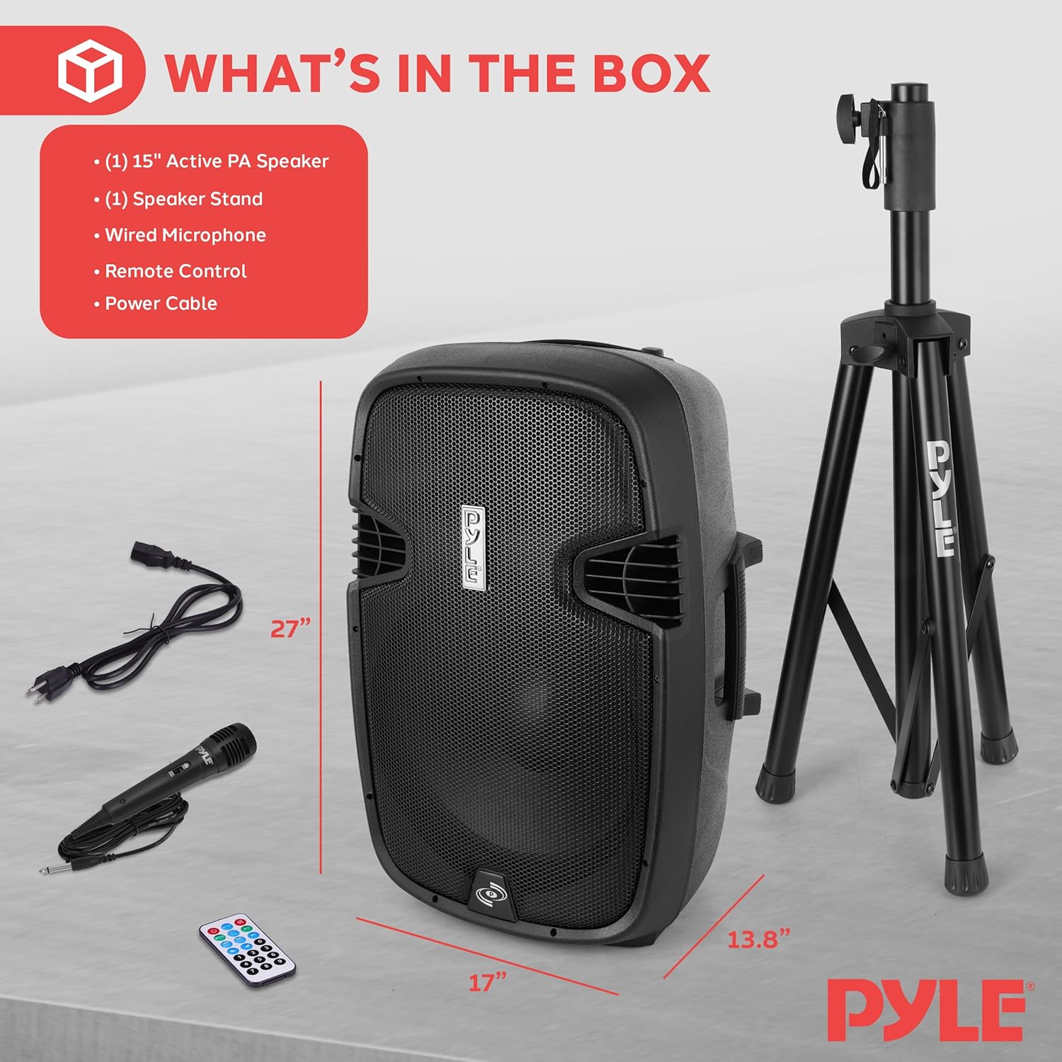 Pyle PPHP155ST Wireless Portable PA Speaker System - 1500W High Powered Bluetooth Compatible Active Outdoor Sound Speakers w/ USB SD MP3 RCA - 35mm Mount, Stand, Microphone, Power Cable, Black, 15