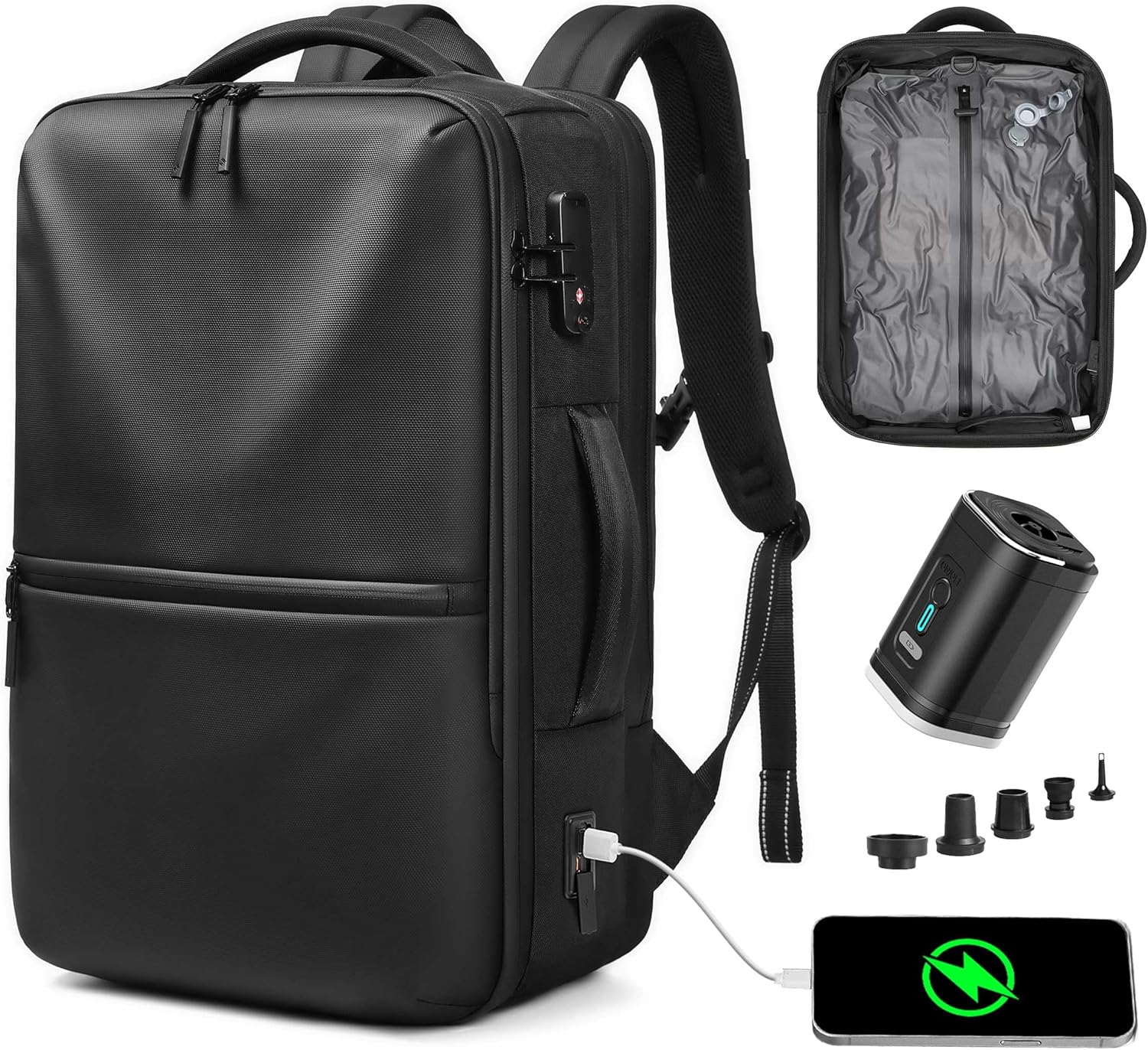 70L Vacuum Backpack Travel with Pump, Charging Port and TSA Lock, Expandable Vacuum Seal Compression Travel Backpack for 19