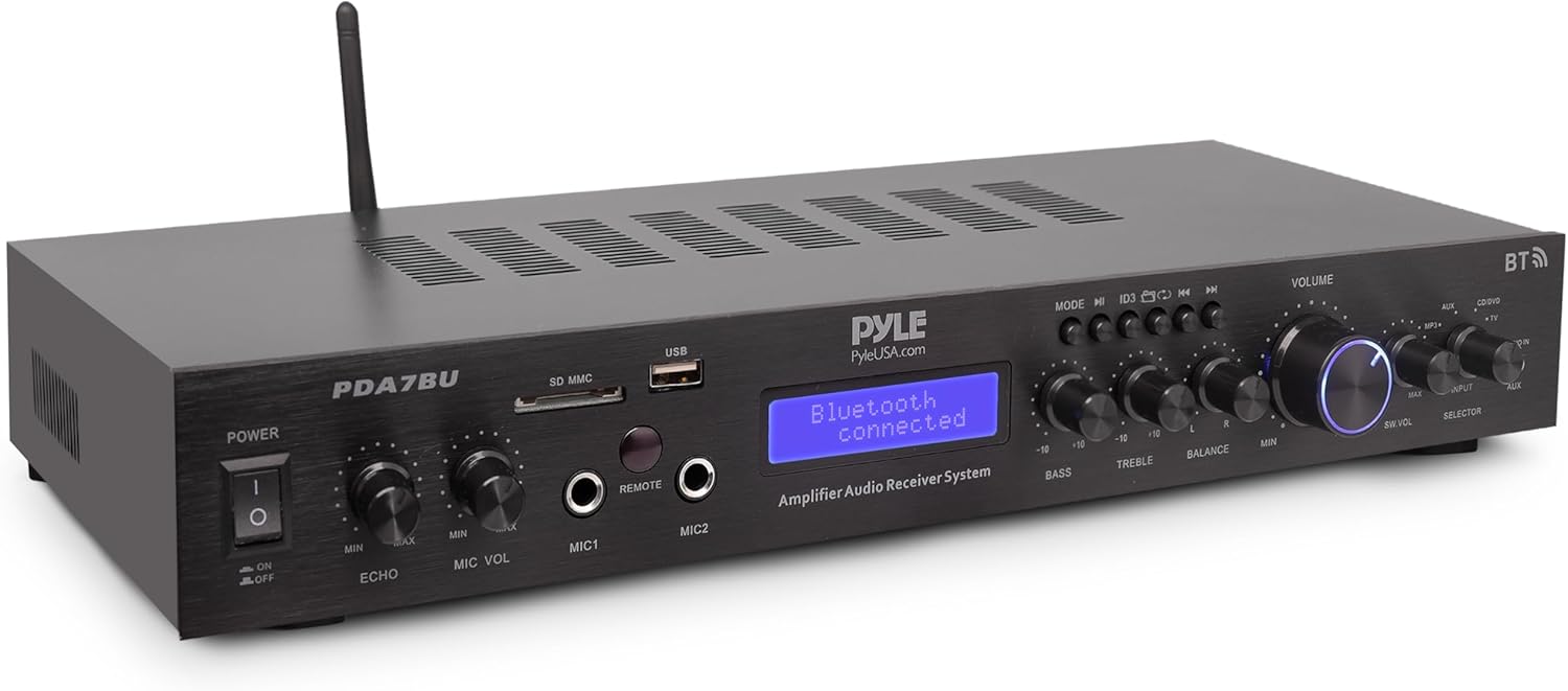 Pyle Bluetooth Home Theater Amplifier - 200 Watts into 5 Channels with Subwoofer Out, Wireless Streaming, USB/SD with MP3 player, RCA Input, FM Radio, LCD Display - PDA7BU