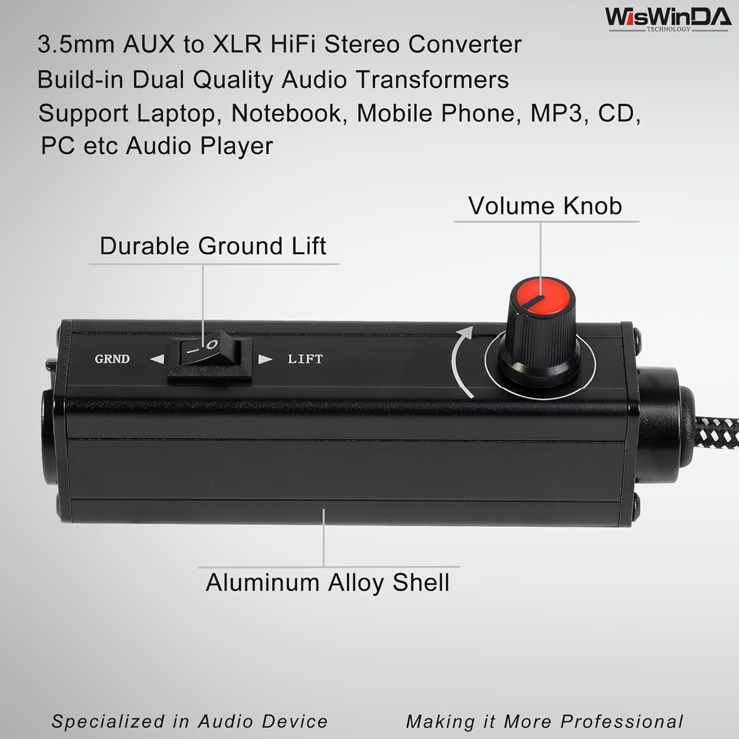 Upgrade Pro101A HiFi Stereo AUX to XLR Isolation Box with Volume Controller Ground Lift Switch Build-in 3.5mm Aux Cord 3.3ft Gold Coating Plug with Extra XLR Y Cord