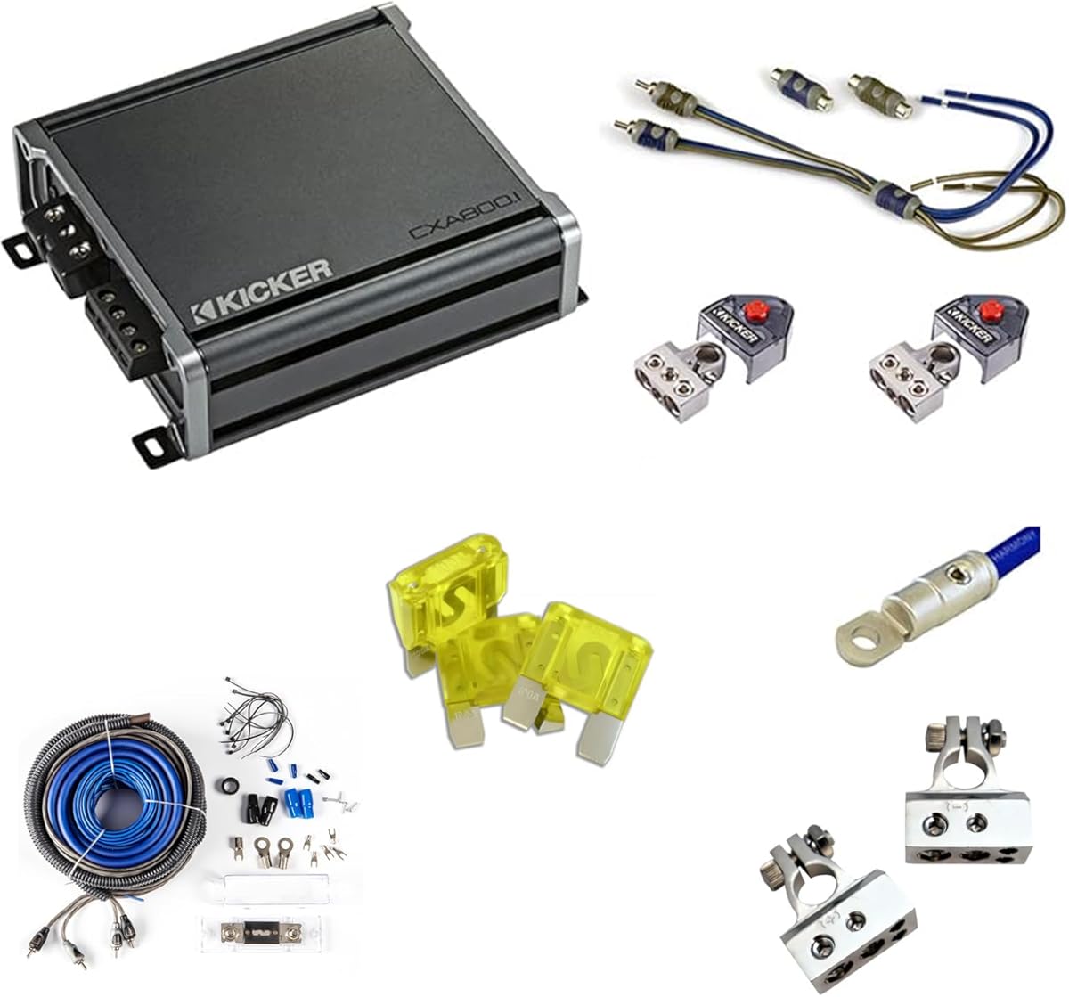 Kicker 44KXA4001 Car Audio KX Series Class D Sub Amp 800W Amplifier, CK4-N Fuse Holder 2-Channel Full-Spec Complete Power Kits, 46KISL Amp Speaker Wire to RCA Adapter and BT4-N Battery Terminal Bundle