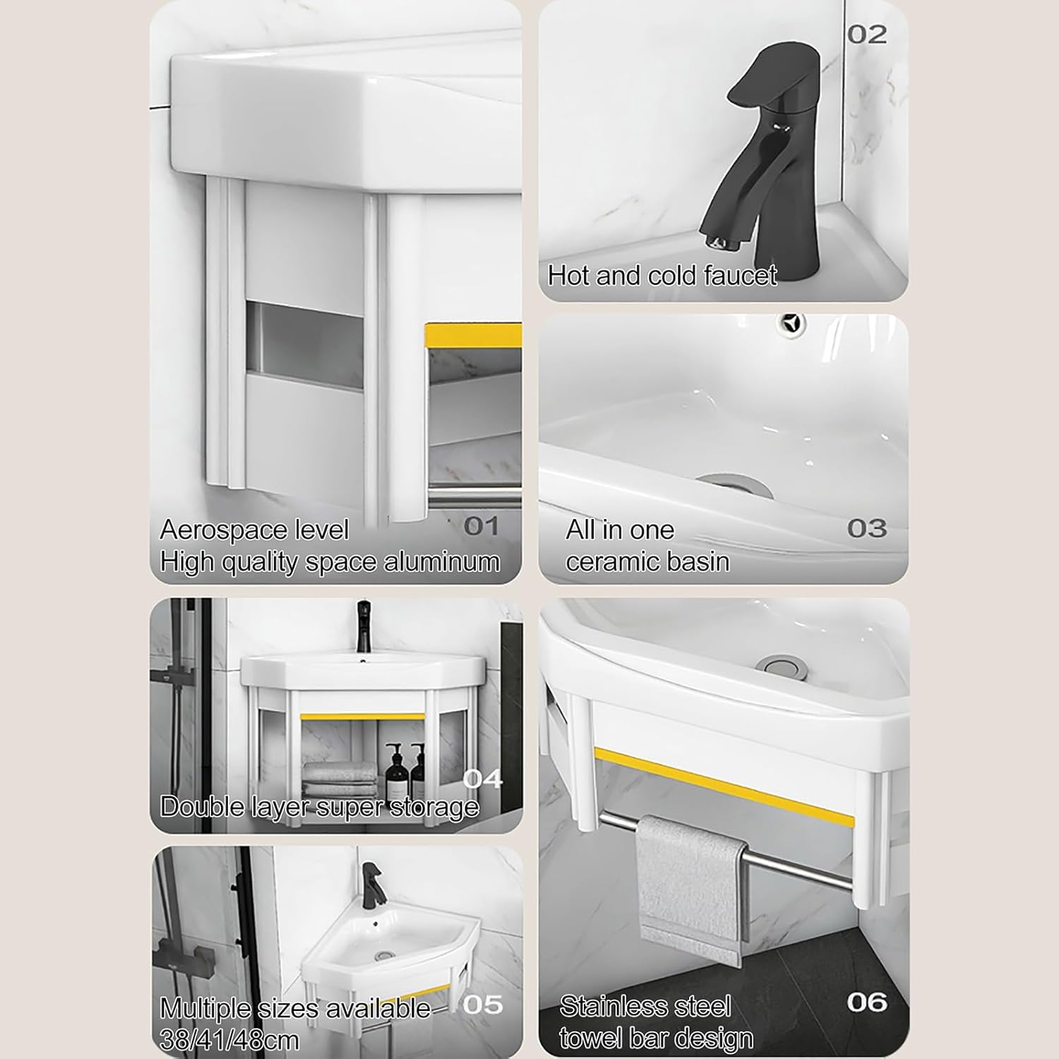 White Vessel Sink, Small Vessel Sink for Bathrooms, Wall Mount Corner Sink, Small Wall Mount Corner Bathroom Sink and Faucet Combo, for Small Space, with Drain, Towel Bar ( Color : A , Size : 38cm/14.