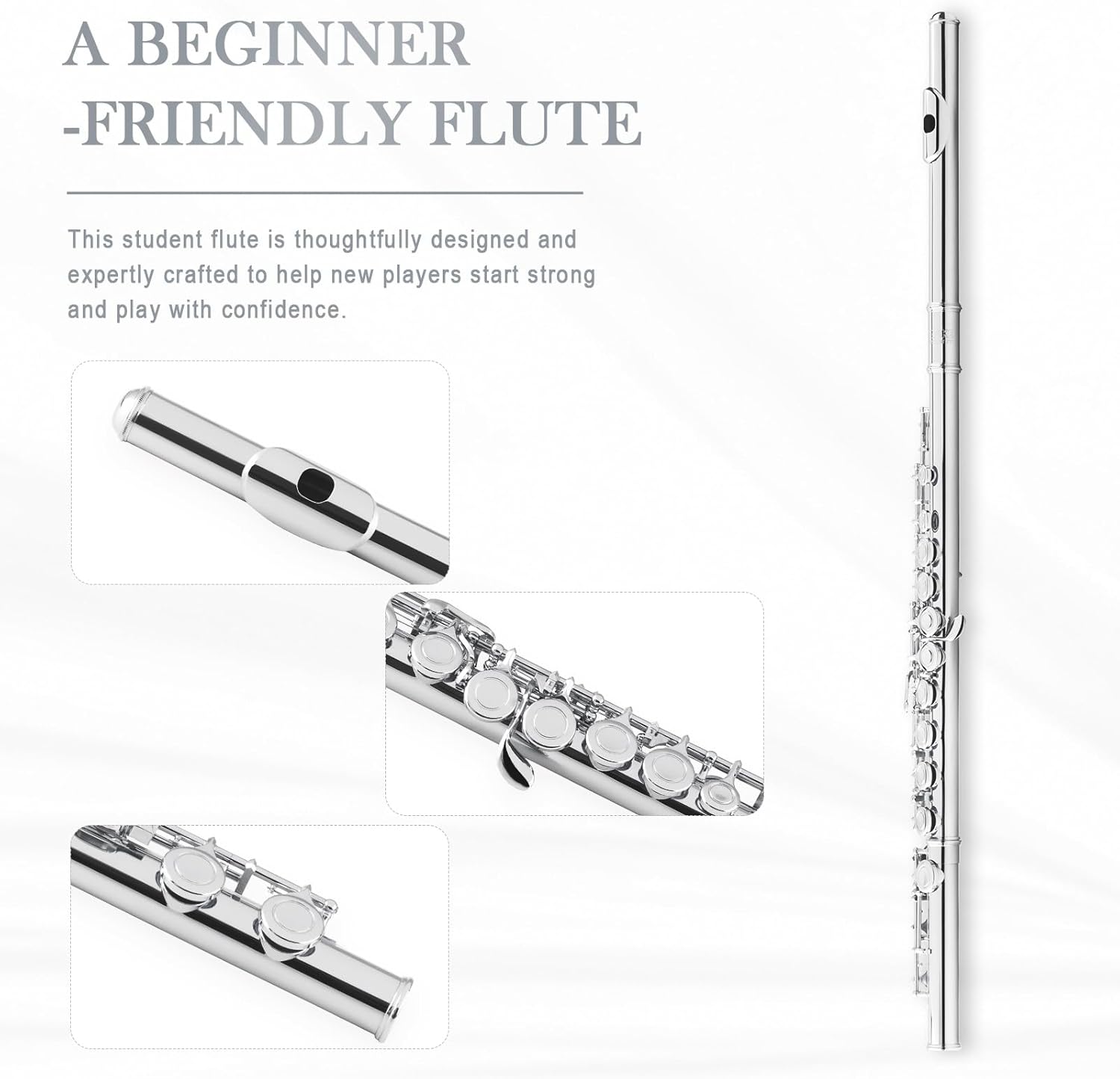 SONICAKE Nickel-plated C Flutes, Closed Hole 16Keys Flute for Beginner Student, Flute Instrument with Cleaning Kit, Carrying Case, Gloves, Tuning Rod, QFL-01