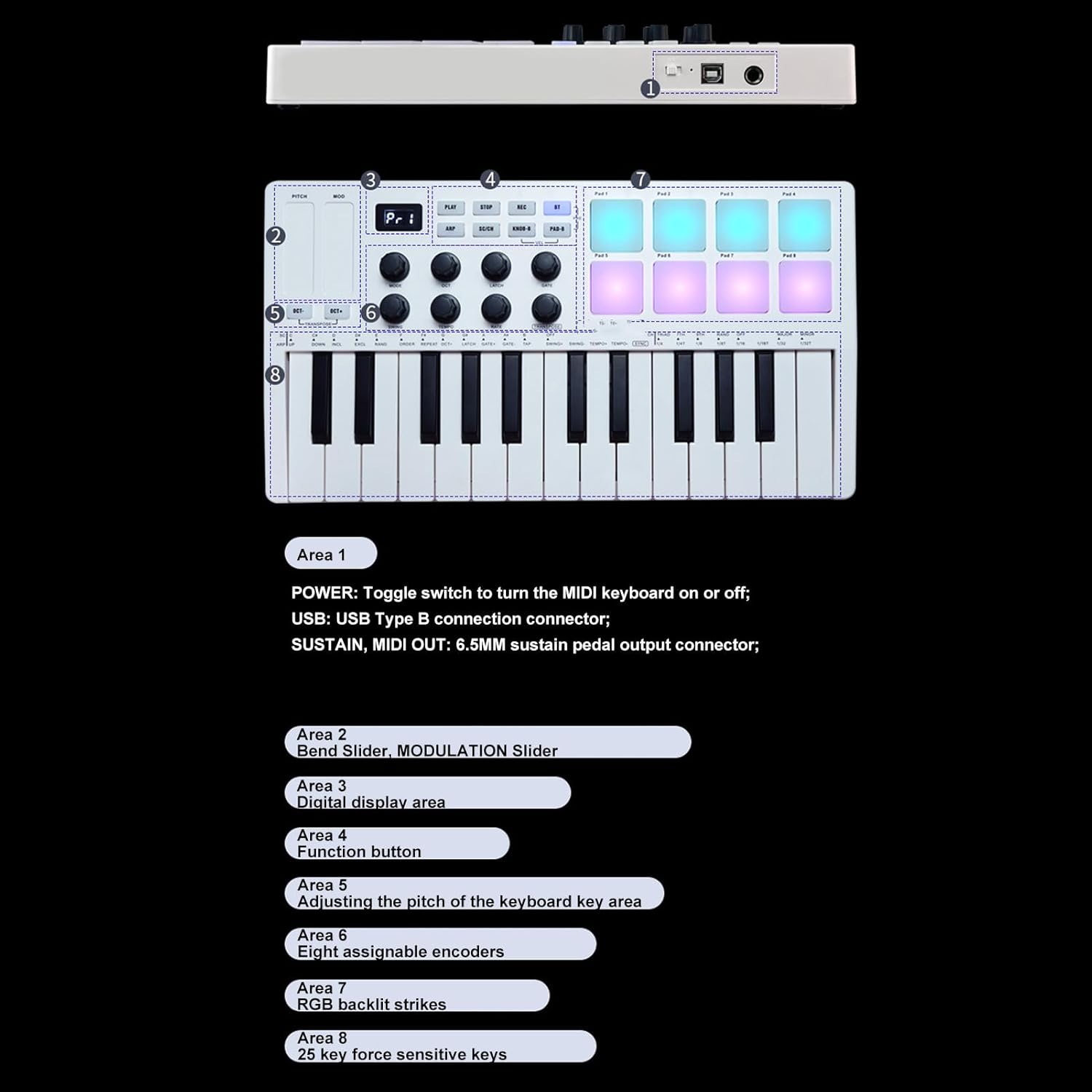 25 Keys MIDI Keyboard Controller, 8 Backlit Drum Pads, 8 Assignable Knobs Music Production Software, BT Wired Connection, Smart Chord Sound