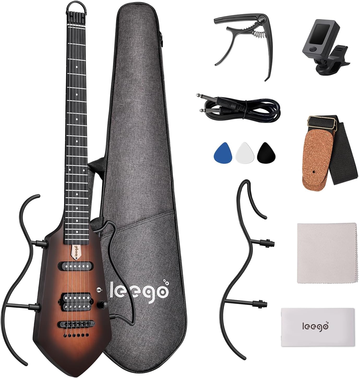Mini Travel Electric Guitar, Small Lightweight Headless Guitar for Practice, Portable Compact Solid Body Easy Assemble Stands with Gig Bag, Sunburst