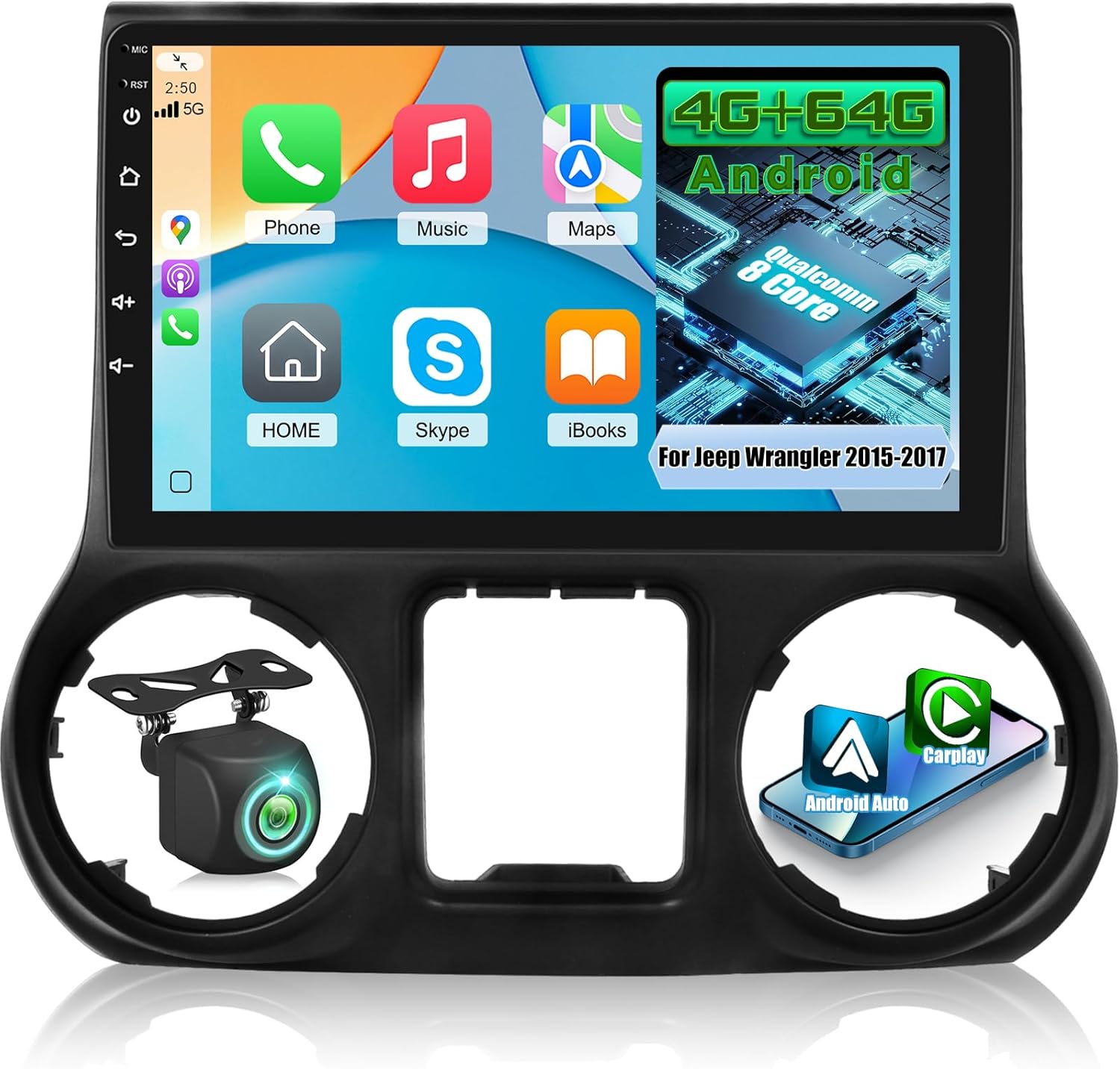 Qualcomm 8 Core 4+64G Radio for Jeep Wrangler 2015 2016 2017, 10 inches Touch Screen Wrangler Android Car Stereo, Carplay/Android Auto/Bluetooth 5.1/SWC/FM RDS