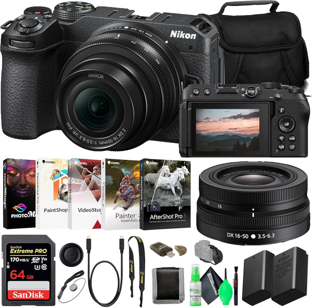 Nikon Z30 Mirrorless Digital Camera with 16-50mm Lens (1749) Bundle with 64GB Extreme PRO Card + EN-EL25 Extra Battery + Corel Photo Software + Camera Bag + Cleaning Kit + More