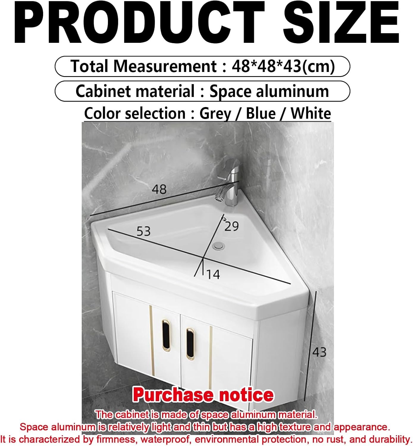 Wall mount Single Floating Bathroom Vanity, Ceramic corner bathroom vanity cabinets, for small corner sink Cabinet Set Design, for Home Kitchen Patio Laundry Room.(Color:White,Size:48*48cm)