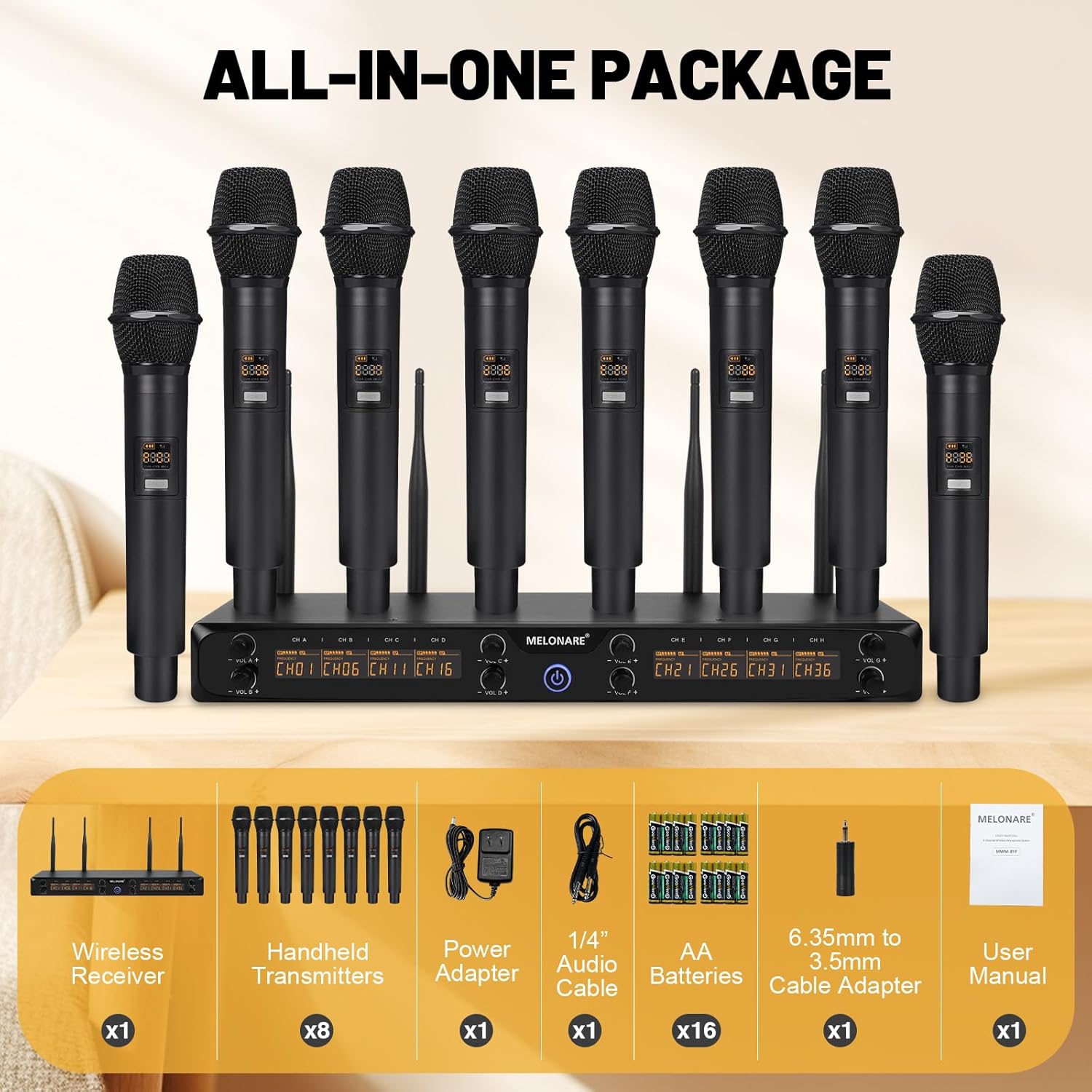 8-Channel Wireless Microphone System, UHF 500MHz Cordless Mic Set w/ 8x5 Frequencies, 240ft Range, Dynamic Handheld Microphone for Singing, Karaoke, Church, Meetings, Wedding (MWM-81F)