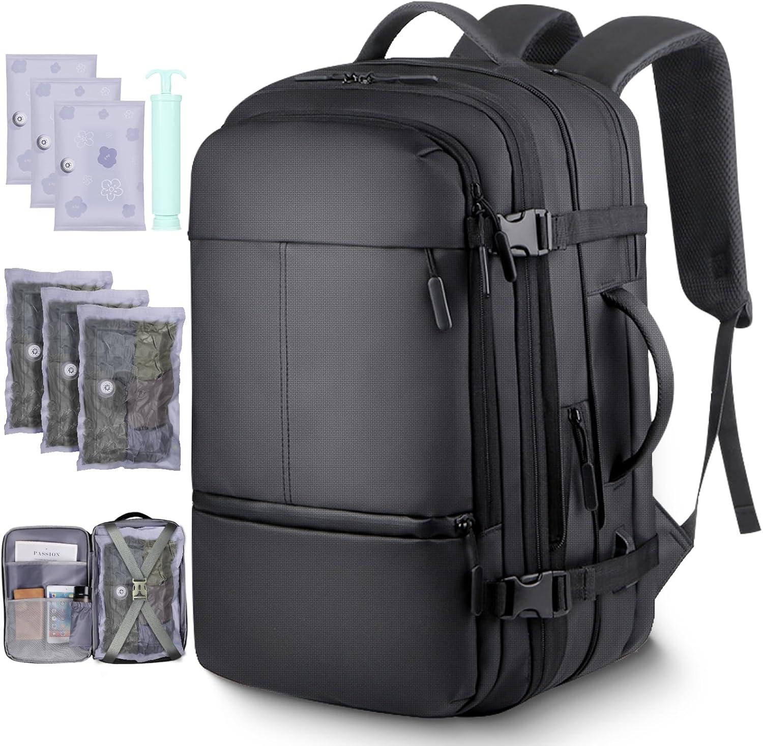 TNELTUEB Vacuum Backpack Travel-Expandable Vacpack Backpack with 3 Compression Bags and Manual Pump, Waterproof & Laptop Compartment(Fits 17