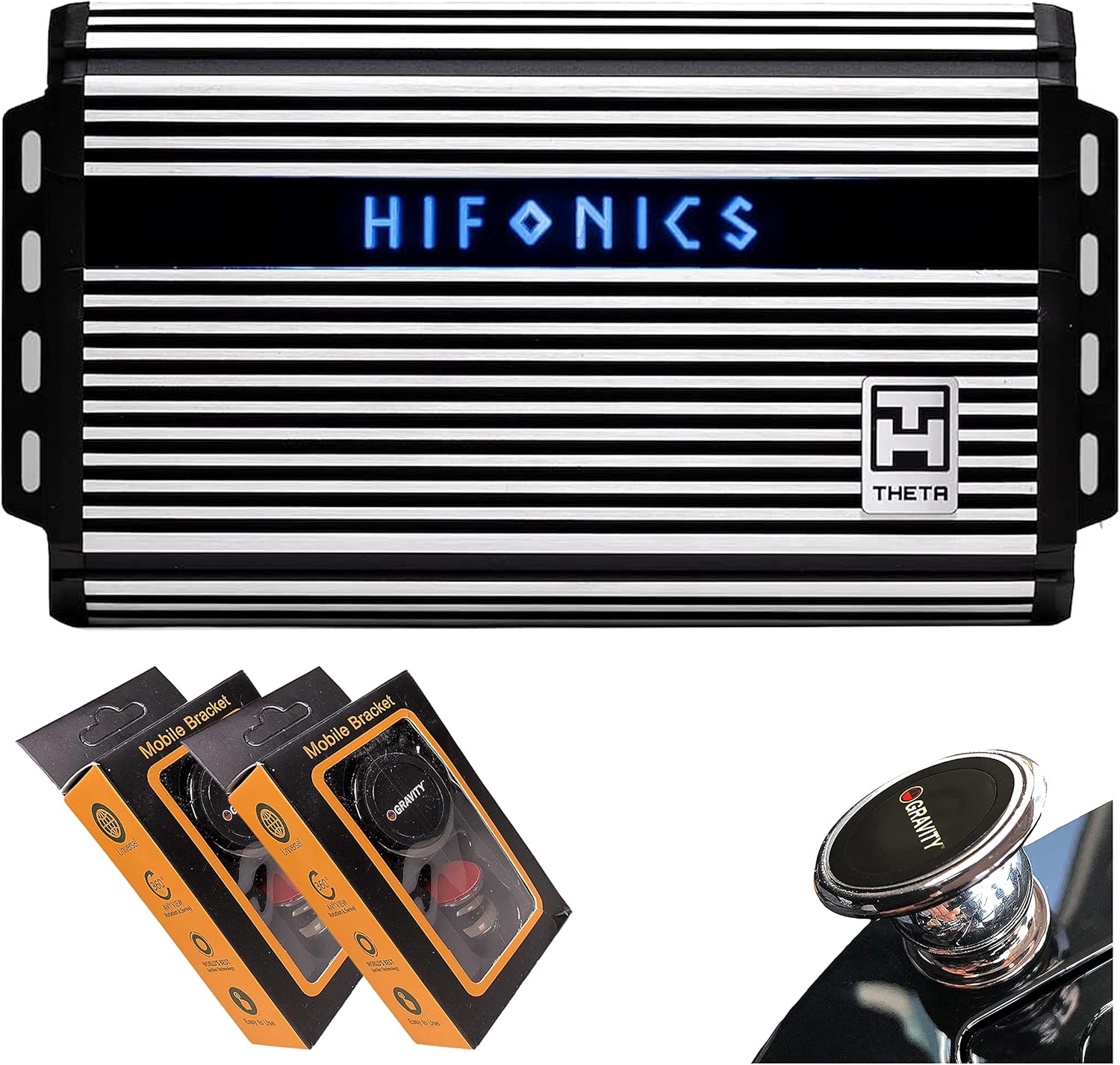 Hifonics ZTH-1525.1D Zeus Theta Compact Mono Channel Car Audio Amplifier (Silver) – Class D Amp, 1500-Watt Built-in Bass Control, Bass Remote Included with 2 Gravity Phone Holder Bundle