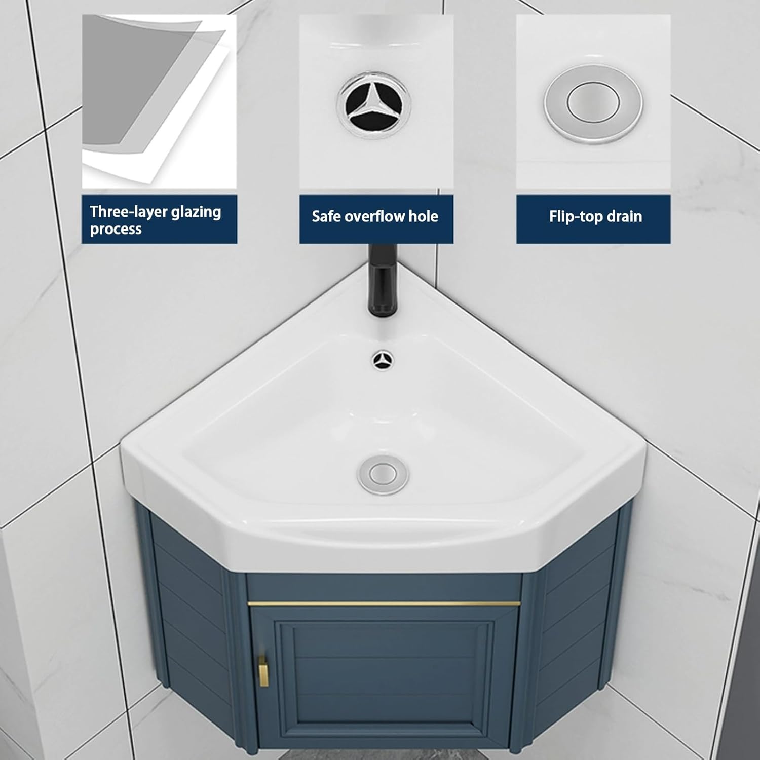 Corner Bathroom Sink, Corner Wall Mount Bathroom Sink, Small Vanity Sink with Mirror Cabinet, Corner Mounted Bathroom Vanities Cabinet Sink, Bathroom Vanity for Small Spaces(47cm/18.5in)