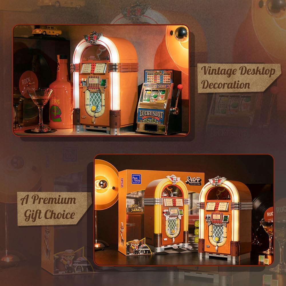 PANTASY Retro Jukebox Building Kit with Coin & Sound Function, Mechanical Music Box Model with Acrylic Records, Recording Studio & Minifigure, Collectible Construction Toy Gift for Adults and Teens