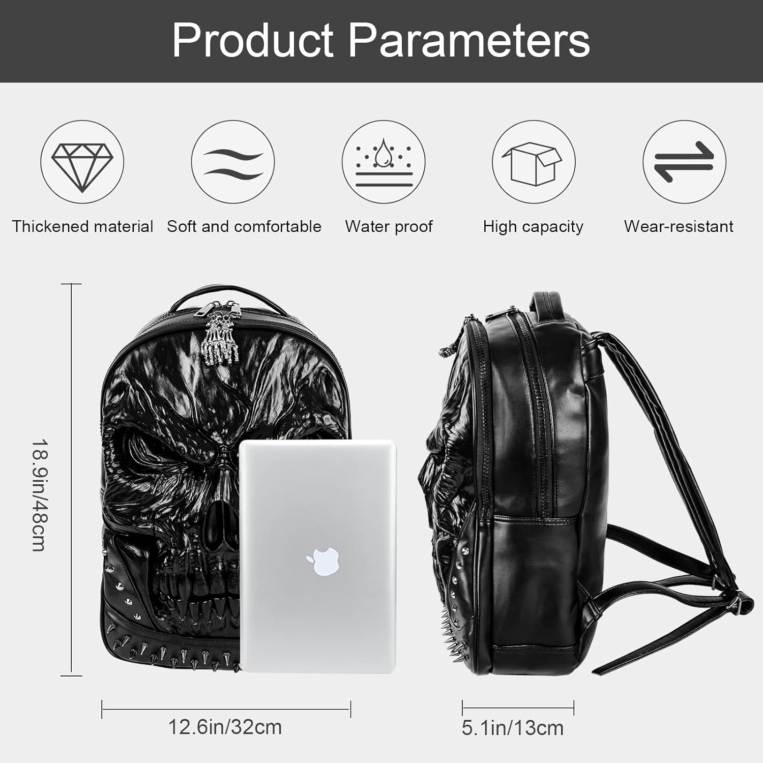 XUANNIAO 3D PU Leather Skull Backpack - Back Packs Steam Punk Rivet Personality Travel Bagpack College/High School Bags Bookbag School Computer Bag Laptop Backpack