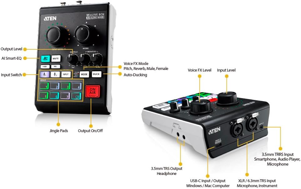 ATEN UC8000 MicLIVE 6-CH Podcast Audio Mixer AI | Built-in Phantom Power, XLR TRS connectors Mic or Instrument Input, USB-C Audio-In, Livestreaming, Podcasting, Audio Recording for Windows and Mac OS