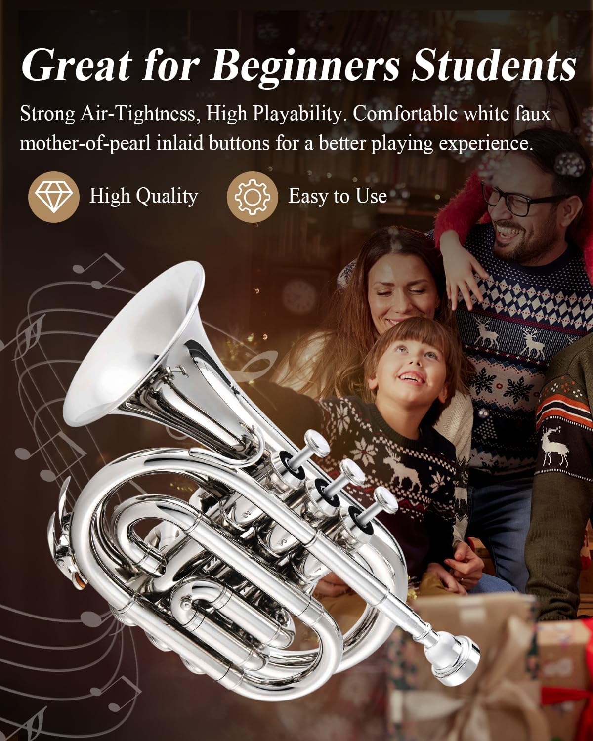 Eastar Pocket Trumpet B Flat for Beginners Students, Brass Trumpet Mouthpiece 7C, Cleaning Kit, Hard Case, Gloves, ETR-330N, Nickel