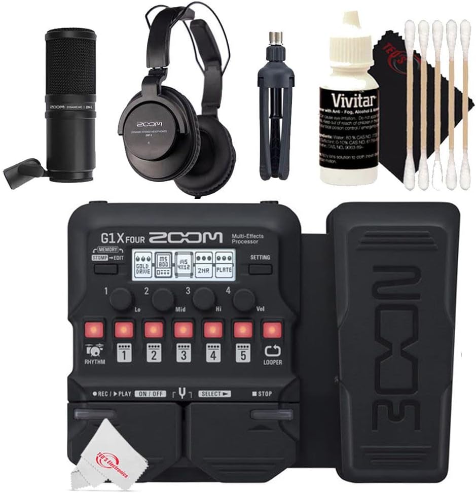 Zoom G1X Four Guitar Multi-Effects Processor With Built-In Expression Pedal + Zoom ZDM-1 Podcast Mic Pack Accessory Bundle + 3pc Cleaning Kit