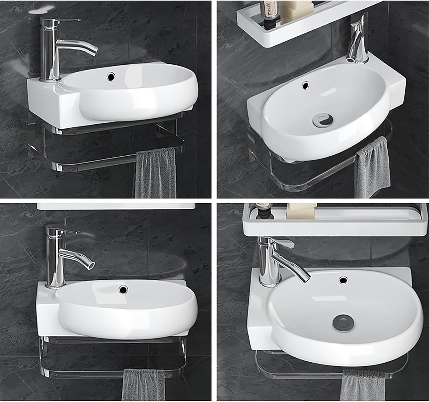 Bathroom Corner Wall Mount Sink Porcelain Ceramic Wall Mounted Bathroom Vessel Sink Wall Mount White Triangle Porcelain Ceramic with Faucet Drain Towel Bar for Small Bathroom Cloakroom.