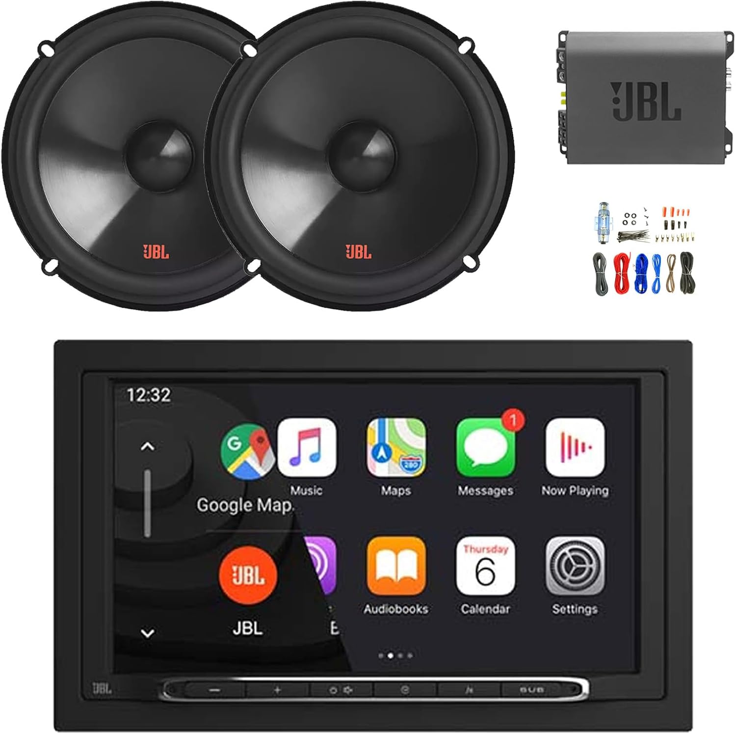 7” Touchscreen Double-DIN Bluetooth AM/FM Receiver, 2X 6.5 2-Way 250 Watt Peak Power Car Audio Speakers, Amplifier w/Install Kit