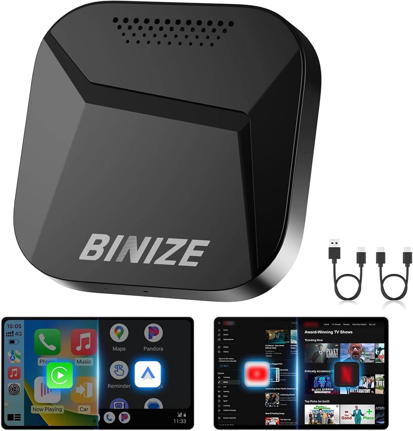 Binize Carplay Ai Box Android 13 Compatible with Wireless Carplay Wireless Android Auto AI Box Carplay Video Apps 4+64G Only Support Cars with OEM Wired CarPlay/Android Auto