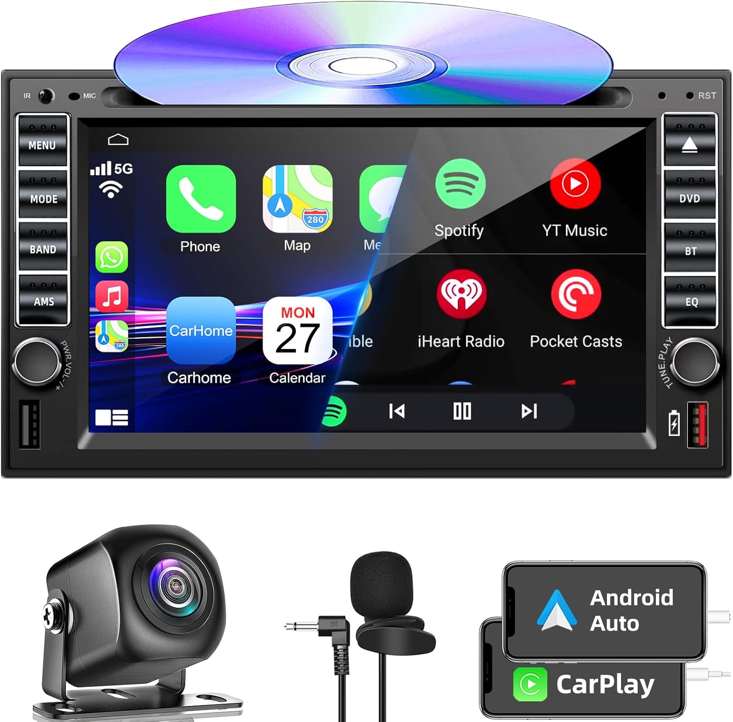 Double Din Car Stereo Radio With CD/DVD Player, Voice Control Carplay & Android Auto, 7 inch Car Audio With HD Touchscreen, Bluetooth, Mirror Link, Backup Camera, SWC, FM/AM, USB/SD, A/V Input (Black)