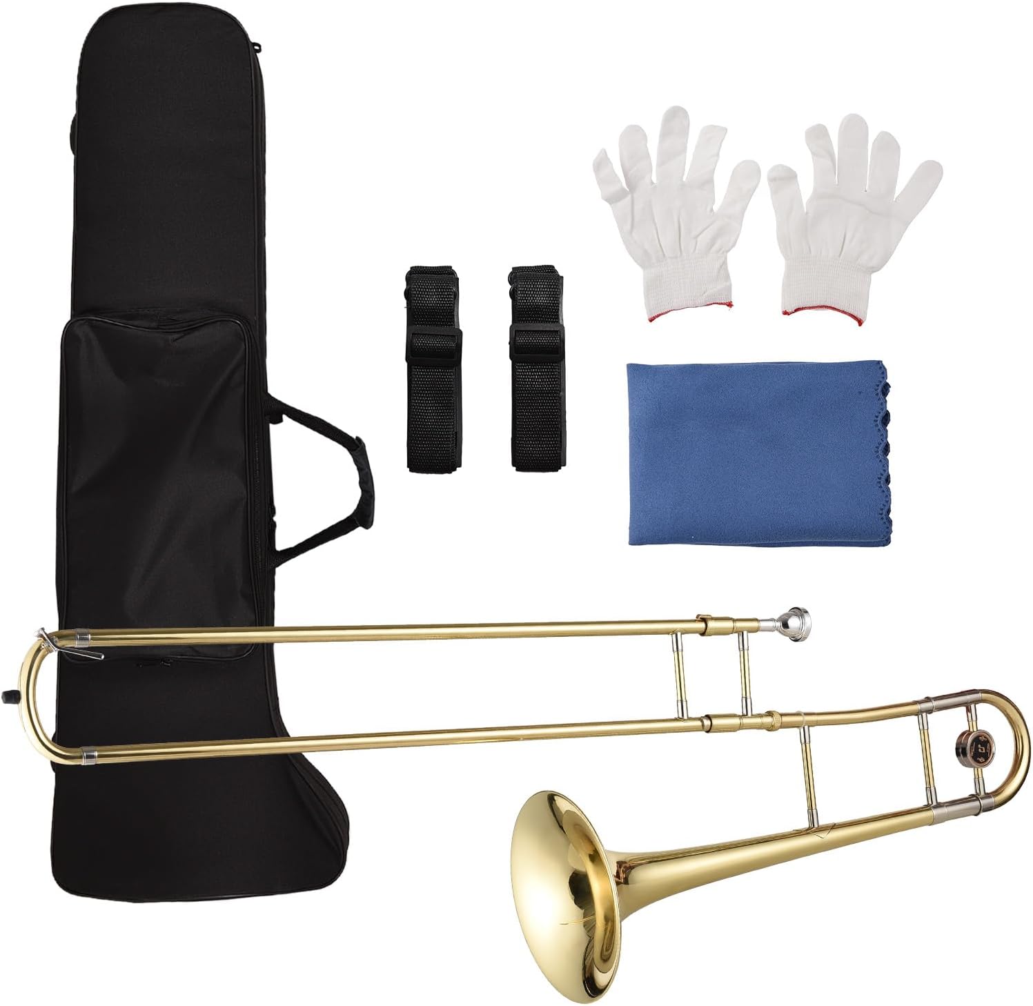 Bb Tenor Trombone for Beginners, Brass Plated, with Mouthpiece, Carrying Case, White Gloves, Cleaning Cloth
