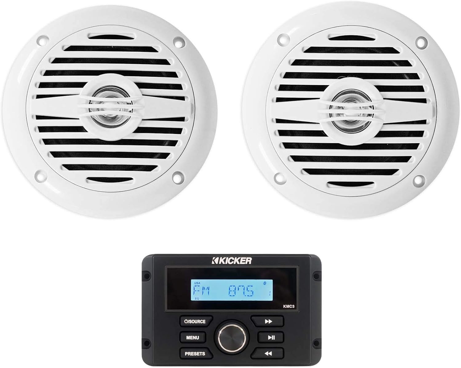 Kicker KMC3 Marine Digital Media Gauge Receiver w/Bluetooth/USB for Boat/ATV/UTV Bundle with Pair Rockville MS40W White 4