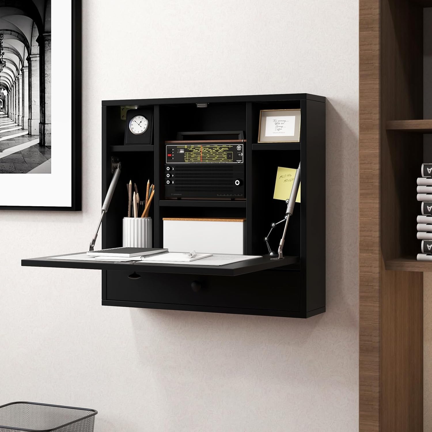 Folding Wall Desk, Wood Wall Mounted Desk with Storage Drawer and Shelves, Fold Down Wall Mount Laptop Desk, Corner Floating Desk for Small Spaces (Black)