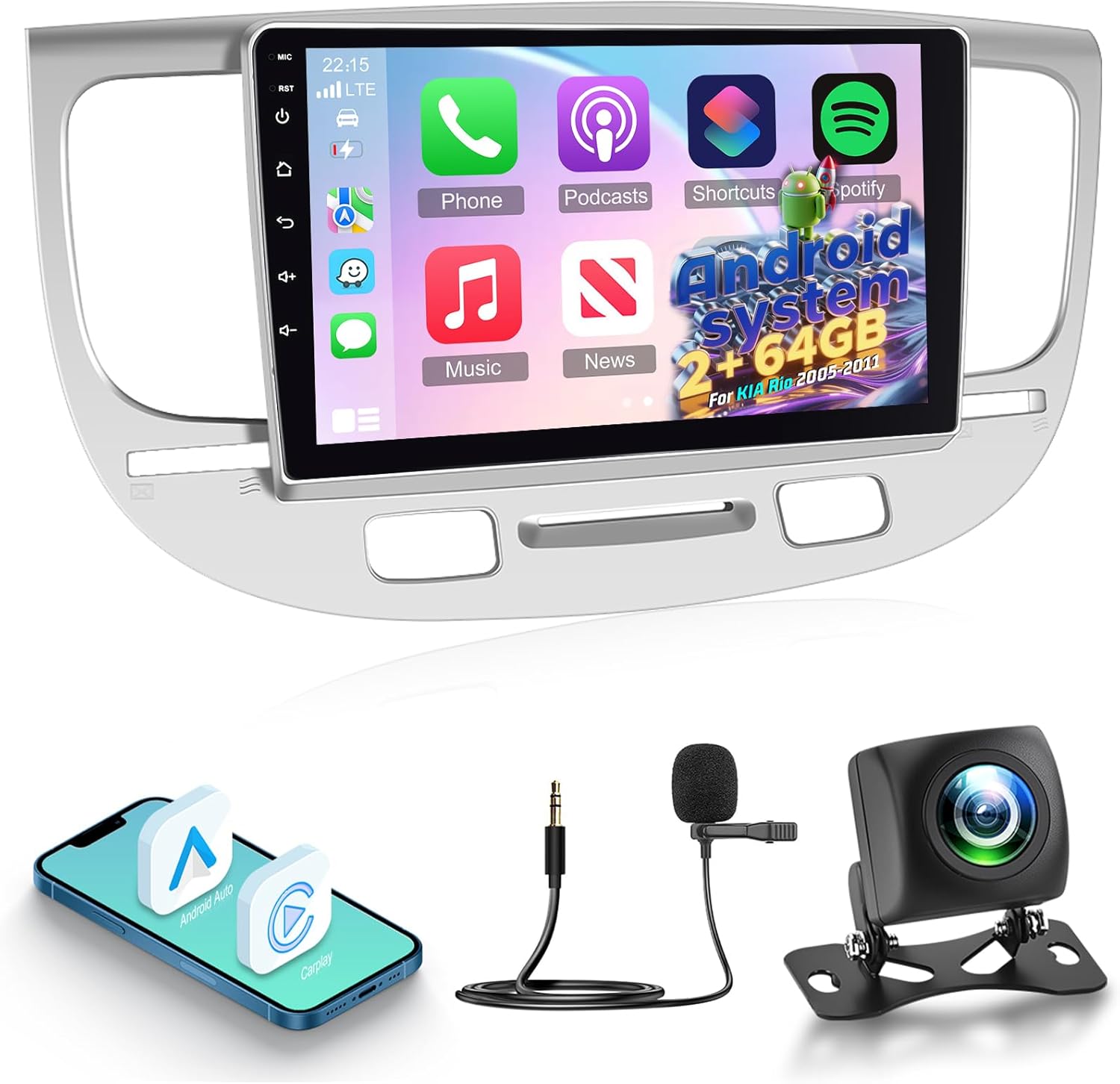 [2+64G] NHOPEEW Android Car Radio for KIA Rio 2005-2011 with Wireless Carplay and Android Auto - 9 Inch Touch Screen Car Stereo - DSP/GPS Navigation/WiFi/SWC/Bluetooth + AHD Backup Camera