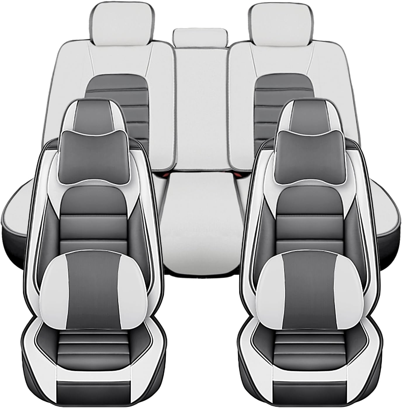 Universal Car Seat Covers for Dodge Dakota 2000-2011 Comfortable and Anti-Slip Seat Covers,Waterproof Leather Seat Protectors Interior Accessories(5Pcs Deluxe-Gray&White)