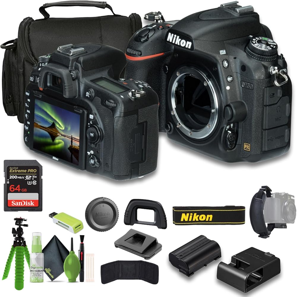 Nikon D750 FX-Format Digital SLR Camera + Soft Case + Cleaning Kit + Memory Card Wallet + Extreme PRO 64GB Card + Card Reader + Hand Strap + 12 Inch Flex Tripod