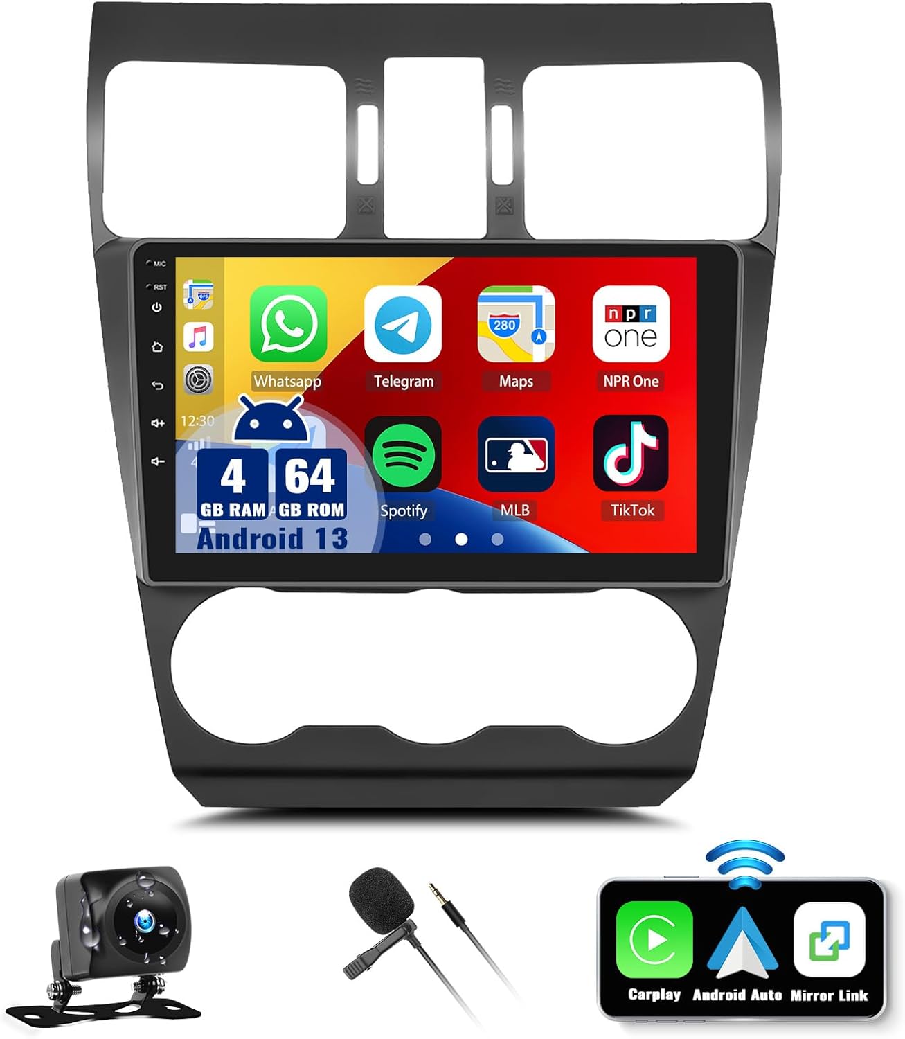 SIXWIN 4G+64G Android 13 Car Stereo for Subaru Forester 2016 2017 2018 9 Inch Touch Screen with CarPlay Android Auto Mirror Link UI Bluetooth FM GPS Navigation WiFi FM SWC Shot Cut Backup Camera MIC