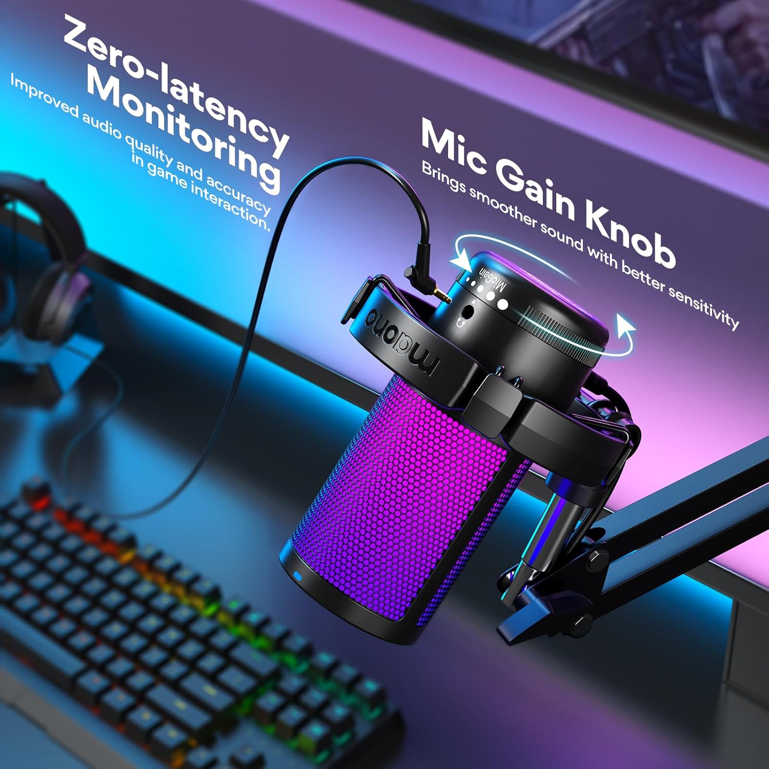 MAONO Gaming Microphone with Headphone, Noise Cancellation mic with Mute, Gain, Monitoring for Streaming, Podcast, Twitch, YouTube, Discord, PC, Computer, PS4, PS5, Mac(Black)