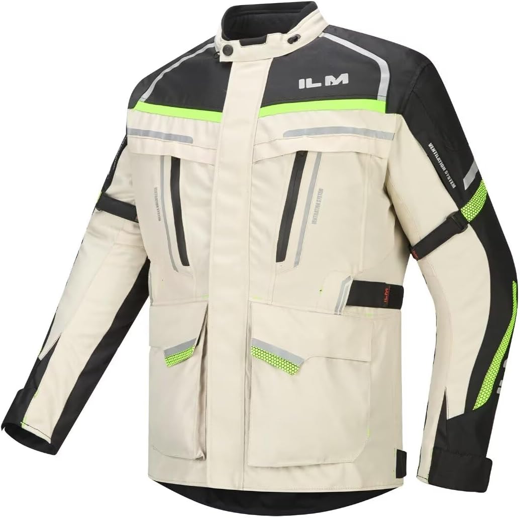 ILM Men's Street Motorcycle Jacket with CE Armor and Detachable Thermal Liner All Season Waterproof Adventure Touring Jackets Model JRL3 Cream, S
