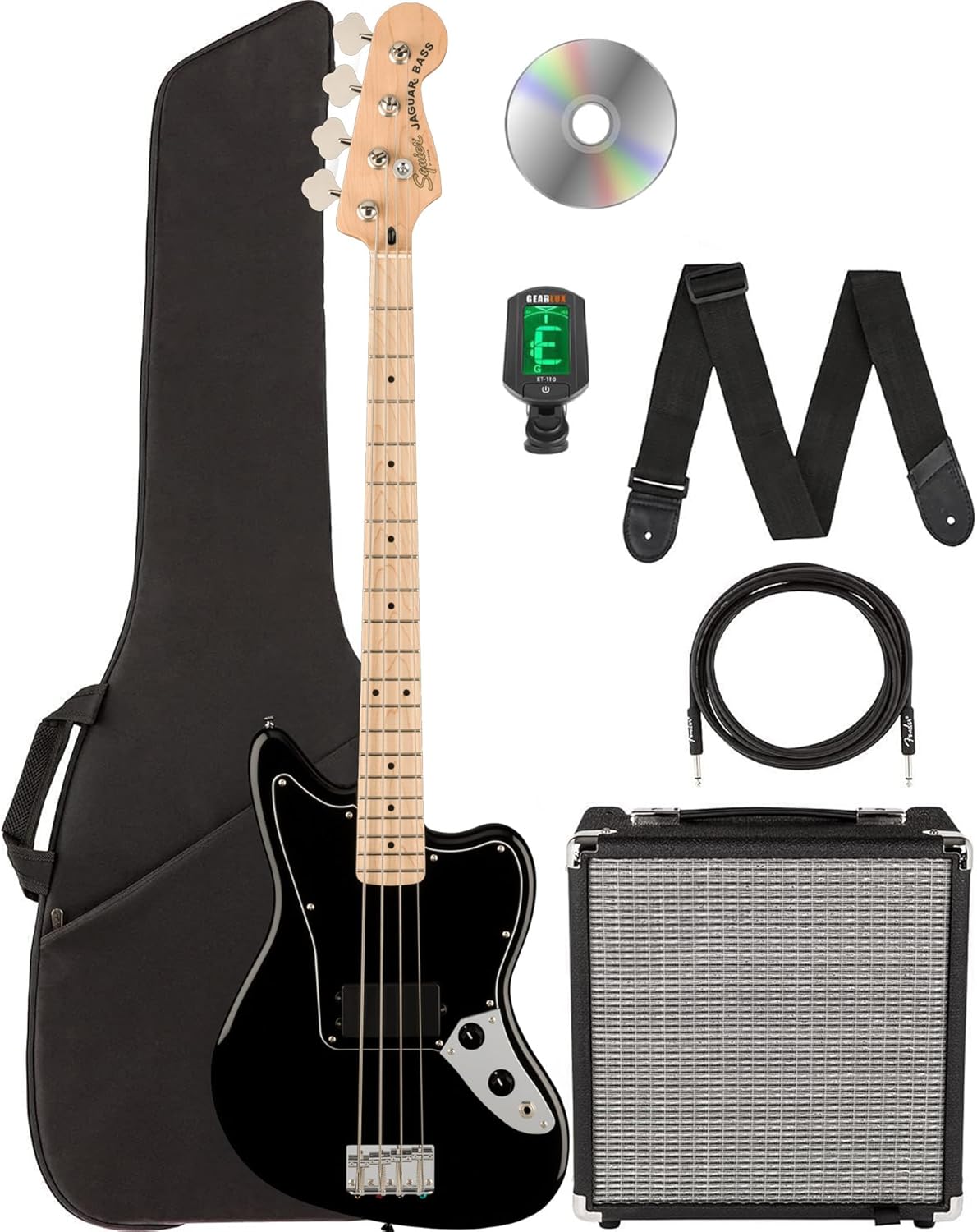 Fender Squier Affinity Jaguar Bass H - Black Bundle with Rumble 15 Amplifier, Instrument Cable, Gig Bag, Tuner, Strap, and Austin Bazaar Instructional DVD