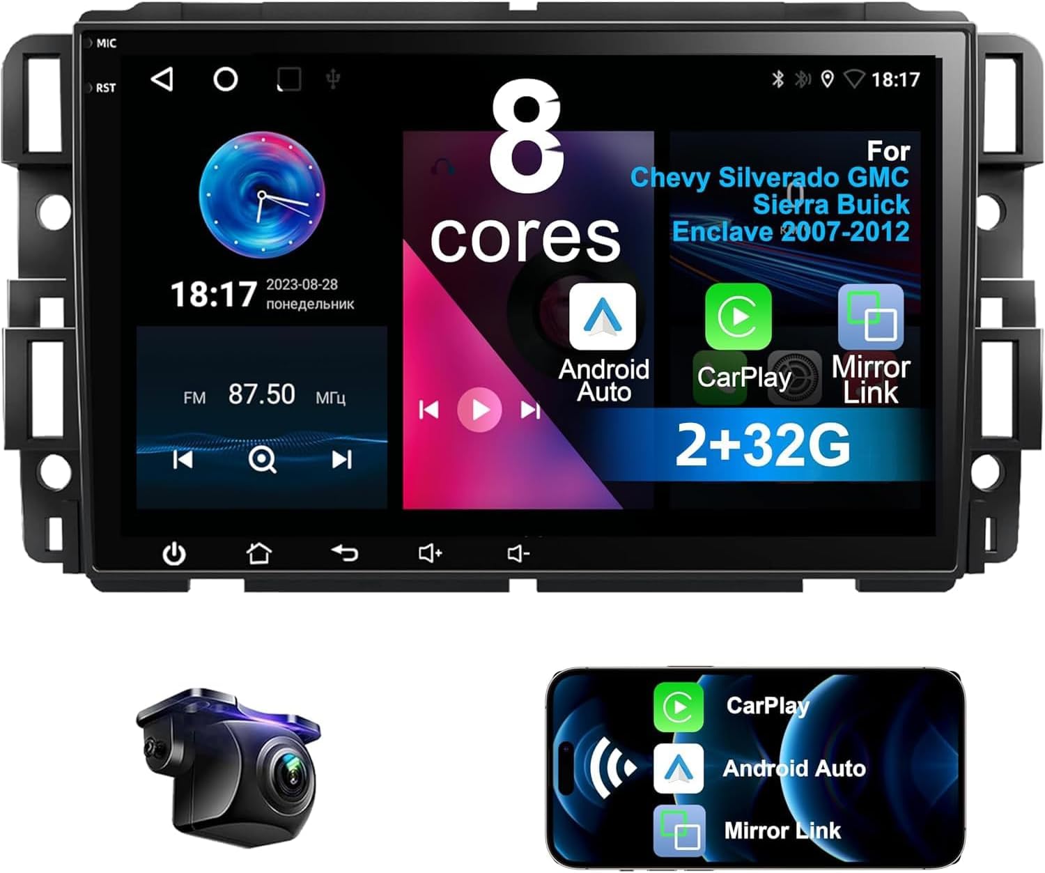 8 Core Car Radio for Chevy Silverado GMC Sierra Buick Enclave 2007-2012 with Wireless CarPlay Android Auto, 8 inch HD Touchscreen 32G Car Stereo Player with Backup Camera, AM/FM/RDS, AUX, DSP, SWC