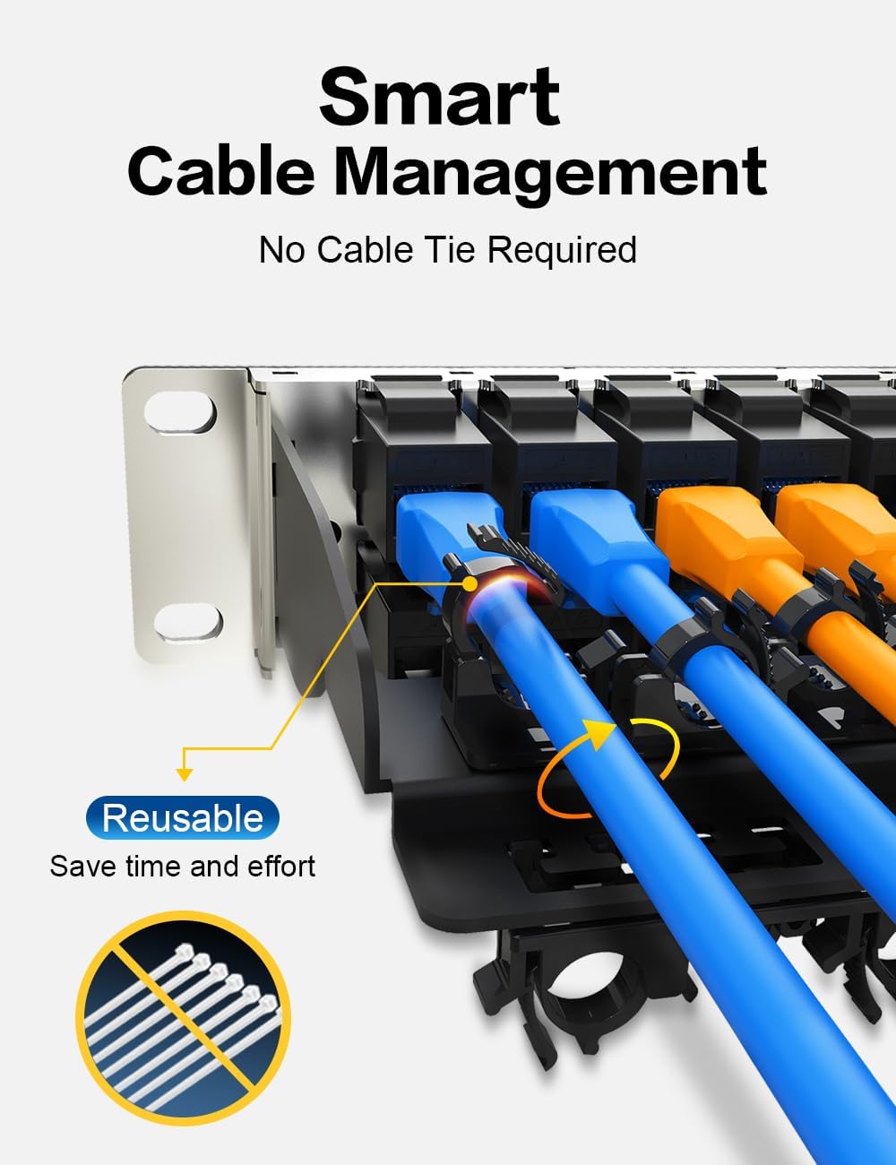 1U 48 Port Patch Panel Cat6 RJ45 Passthrough Patch Panel (EC Listed) UTP with Smart Cable Management for 19inch Rackmount